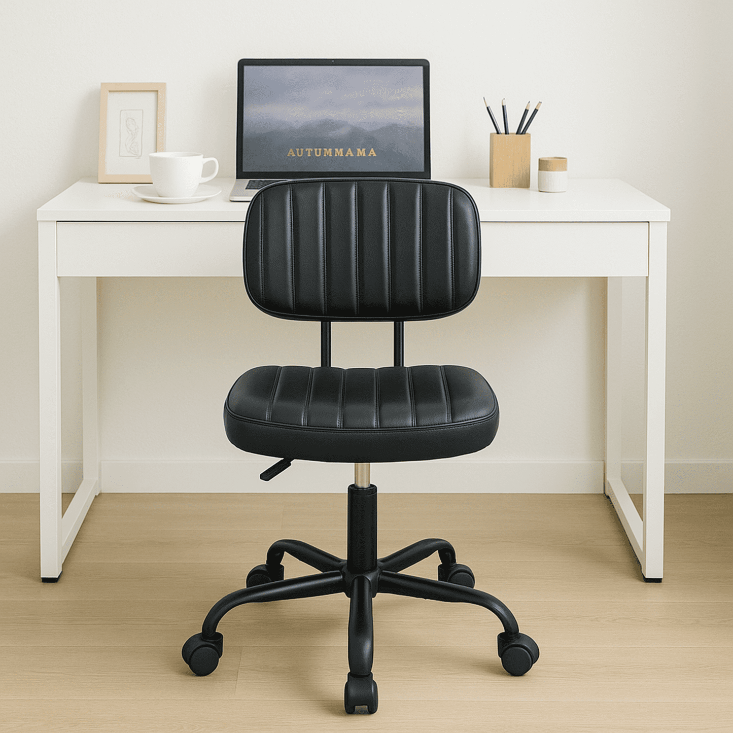 FASTES Armless Desk Chair, Modern Office Chair no Arms, Swivel Vanity Chair, PU Leather Computer Task Chairs, Ergonomic Desk Chairs for Home Dorm, Black
