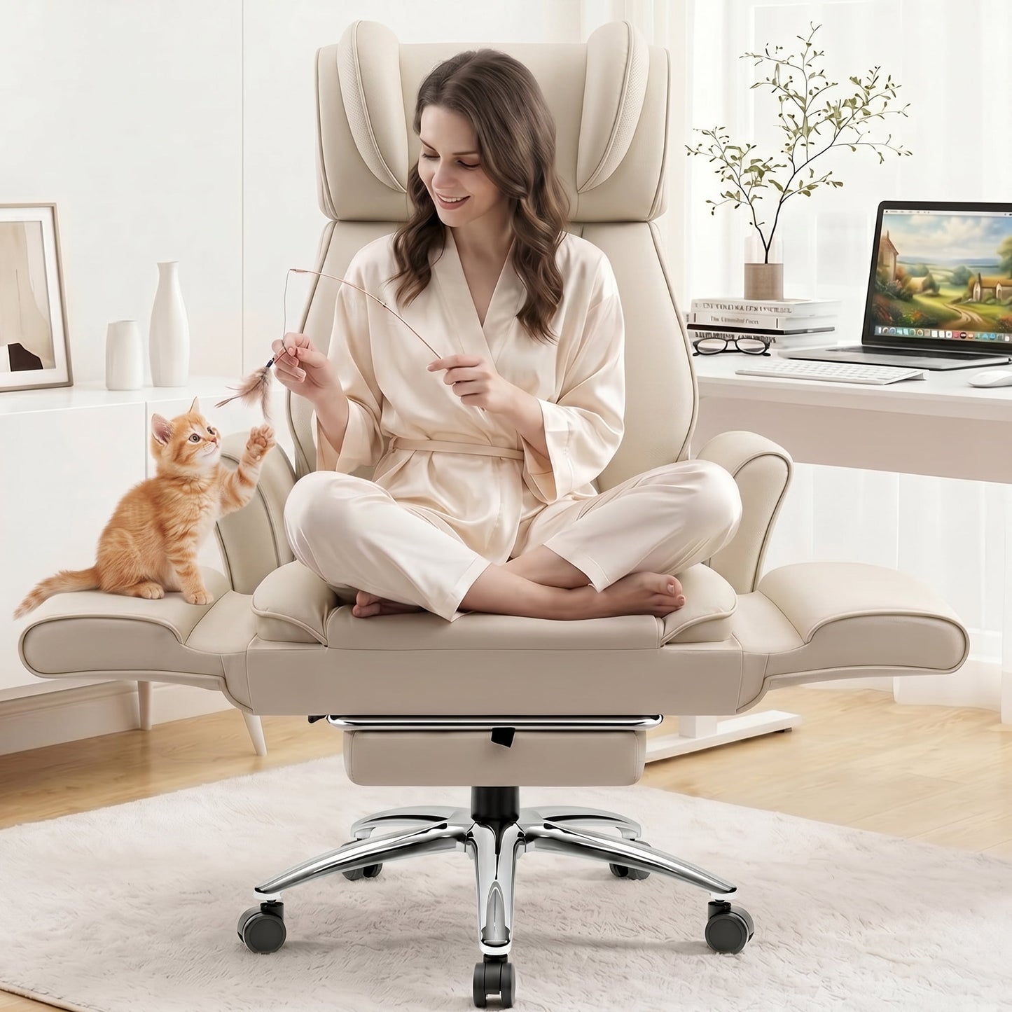 FASTES Big and Tall Office Chair, Ergonomic Desk Chair Flip Armrests for Pets & Cross Legged Sitting, High-Back Reclining Executive Leather Computer Chairs with Footrest for Home Office, Beige