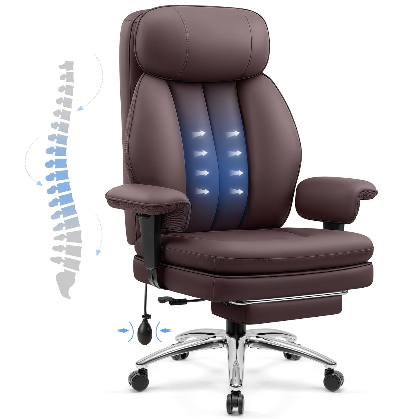 FASTES Ergonomic Office Chair, Big and Tall Desk Chair 500lbs Heavy Duty Leather Chairs with Inflatable Lumbar Support, High Back Computer Chair with Footrest, Coffee