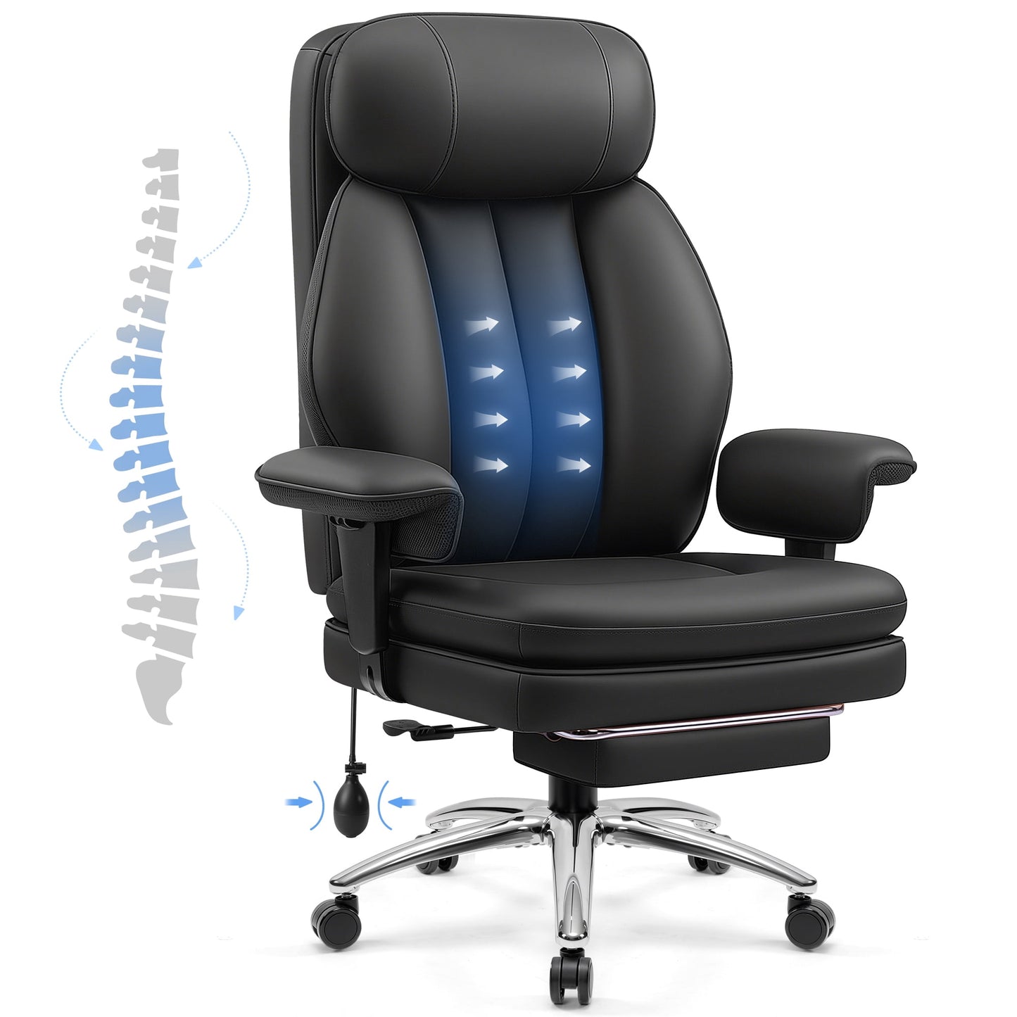 FASTES Office Chair, 500lbs Big and Tall Office Desk Chair Heavy Duty ErgonomicLeather Chair with Inflatable Lumbar Support, High Back Computer Chair with Footrest for Home Office, Black