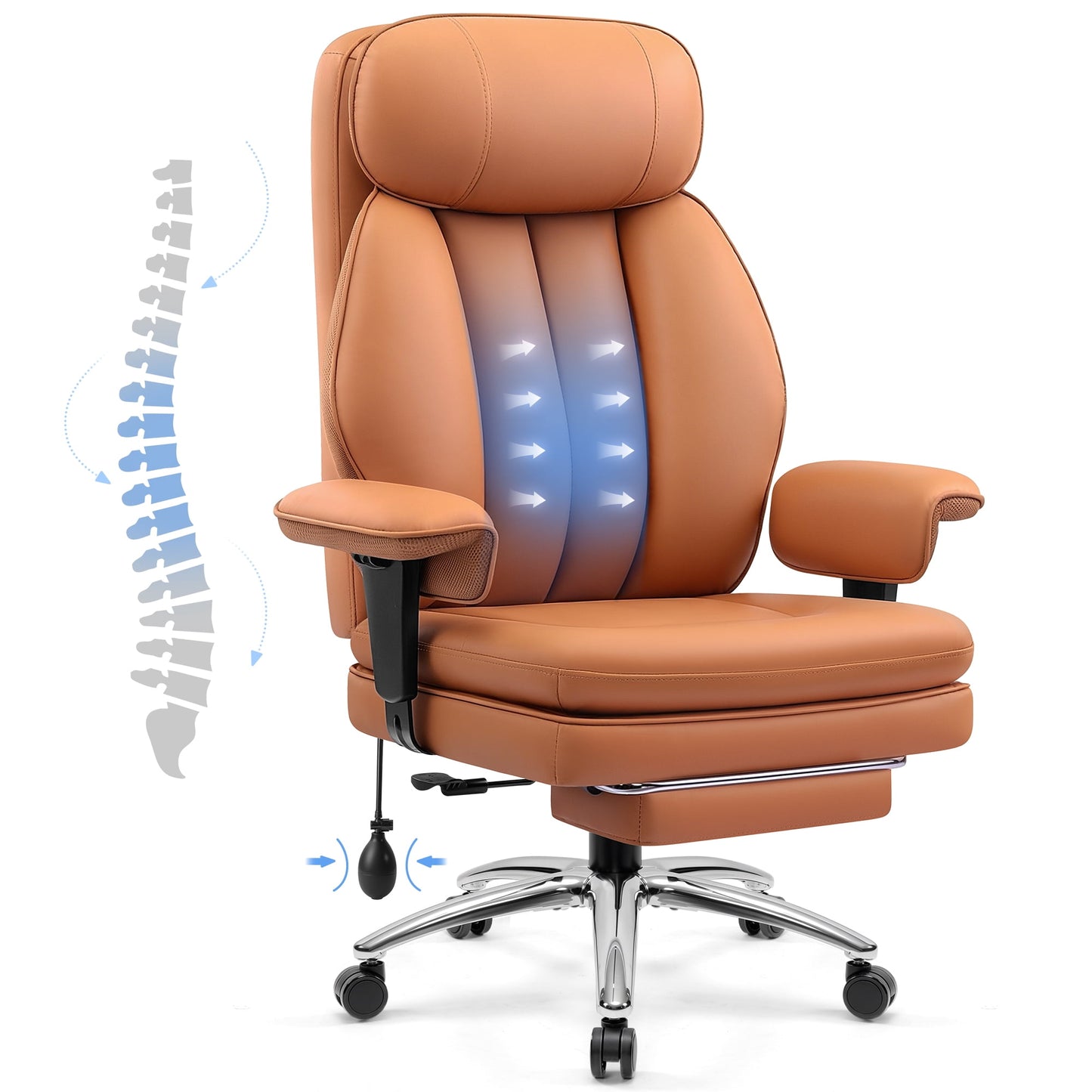 FASTES Ergonomic Office Chair, Big and Tall Desk Chair 500lbs Heavy Duty Leather Chairs with Inflatable Lumbar Support, High Back Computer Chair with Footrest, Brown