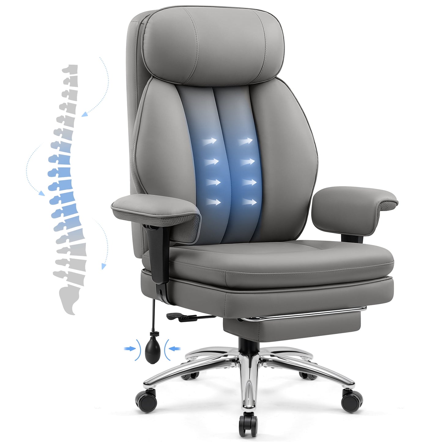 FASTES Ergonomic Office Chair, Big and Tall Desk Chair 500lbs Heavy Duty Leather Chairs with Inflatable Lumbar Support, High Back Computer Chair with Footrest, Gray