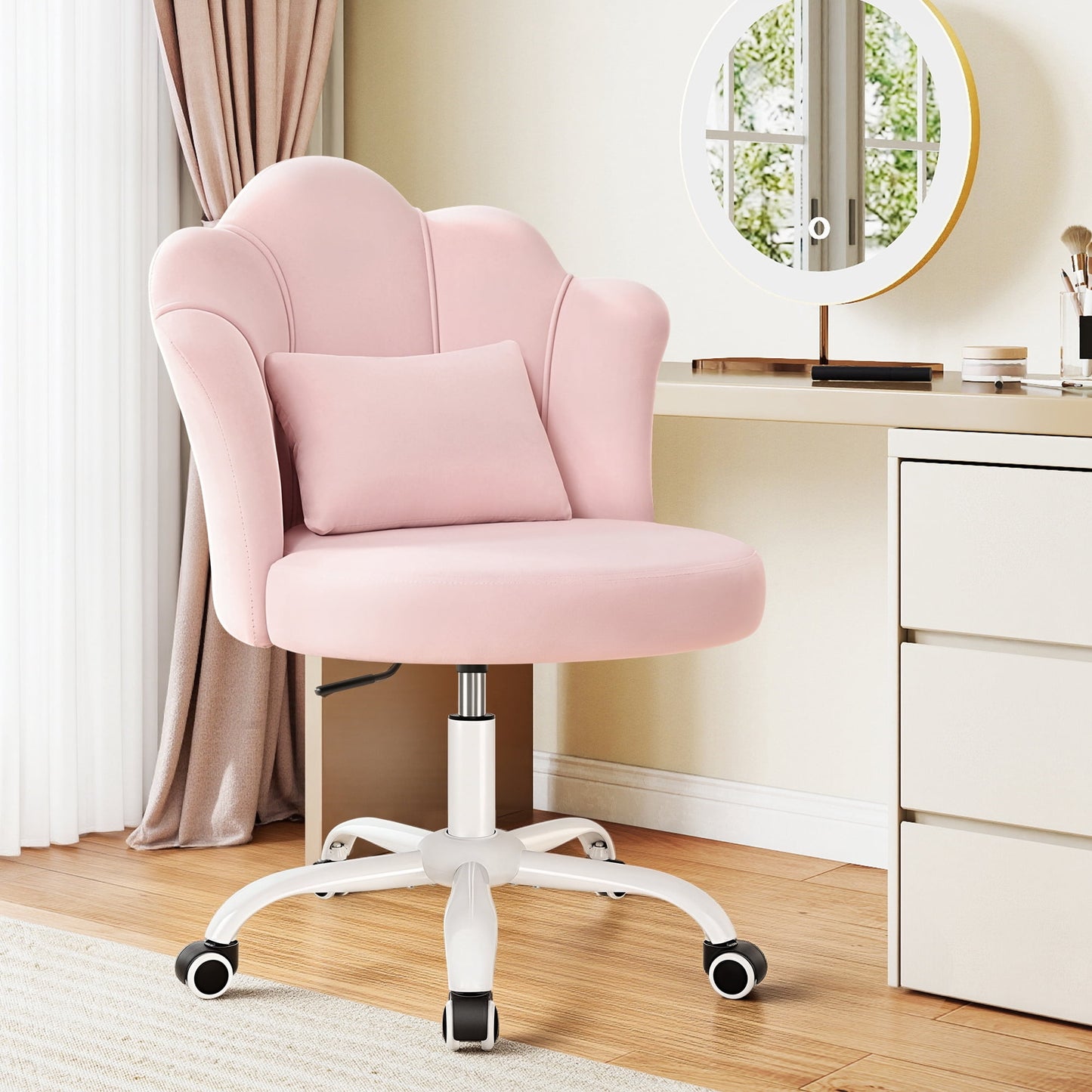 FASTES Petal Vanity Chair, 3.15" Extra Thick Cushion Comfy Desk Chair, Modern Velvet Accent Armless Chair for Girls Women, Aesthetic Makeup Chair for Bedroom Dorm, Pink