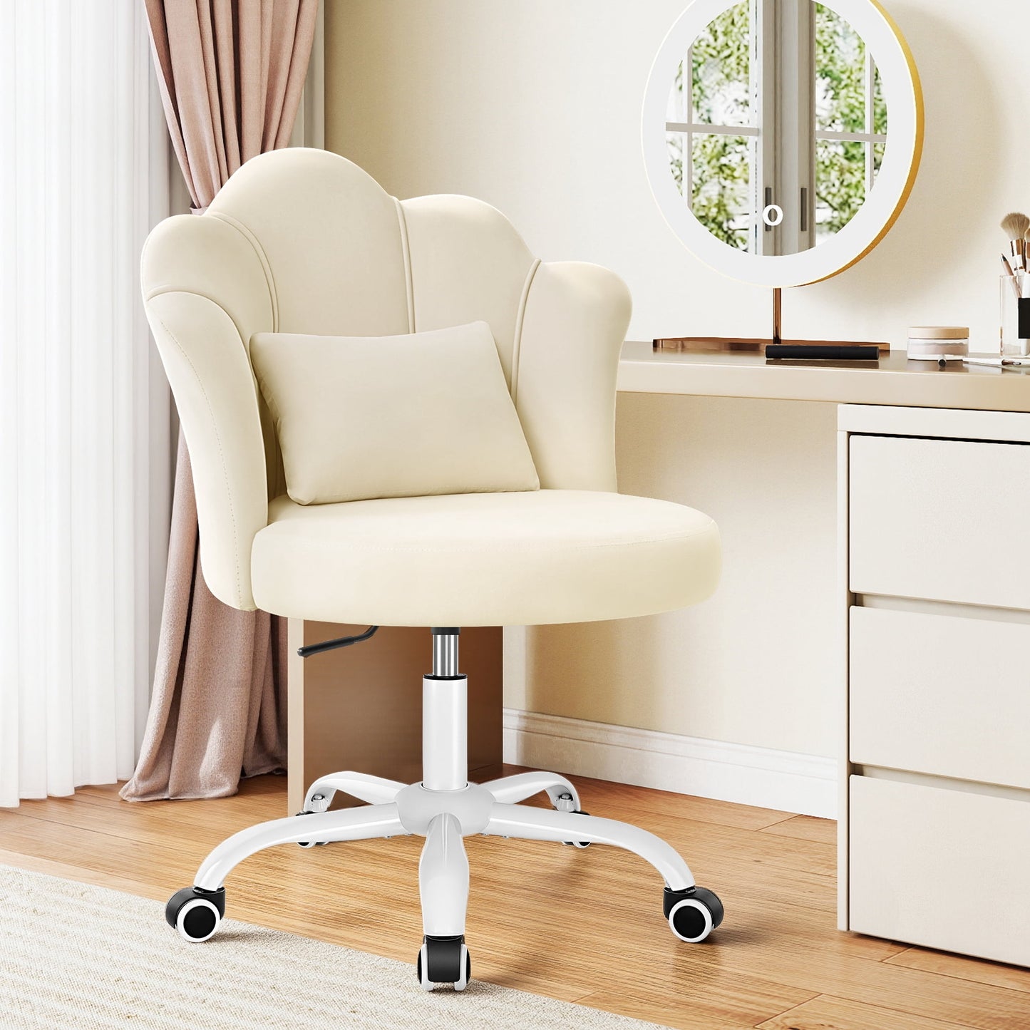 FASTES Petal Vanity Chair, 3.15" Extra Thick Cushion Comfy Desk Chair, Modern Velvet Accent Armless Chair for Girls Women, Aesthetic Makeup Chair for Bedroom Dorm, Beige