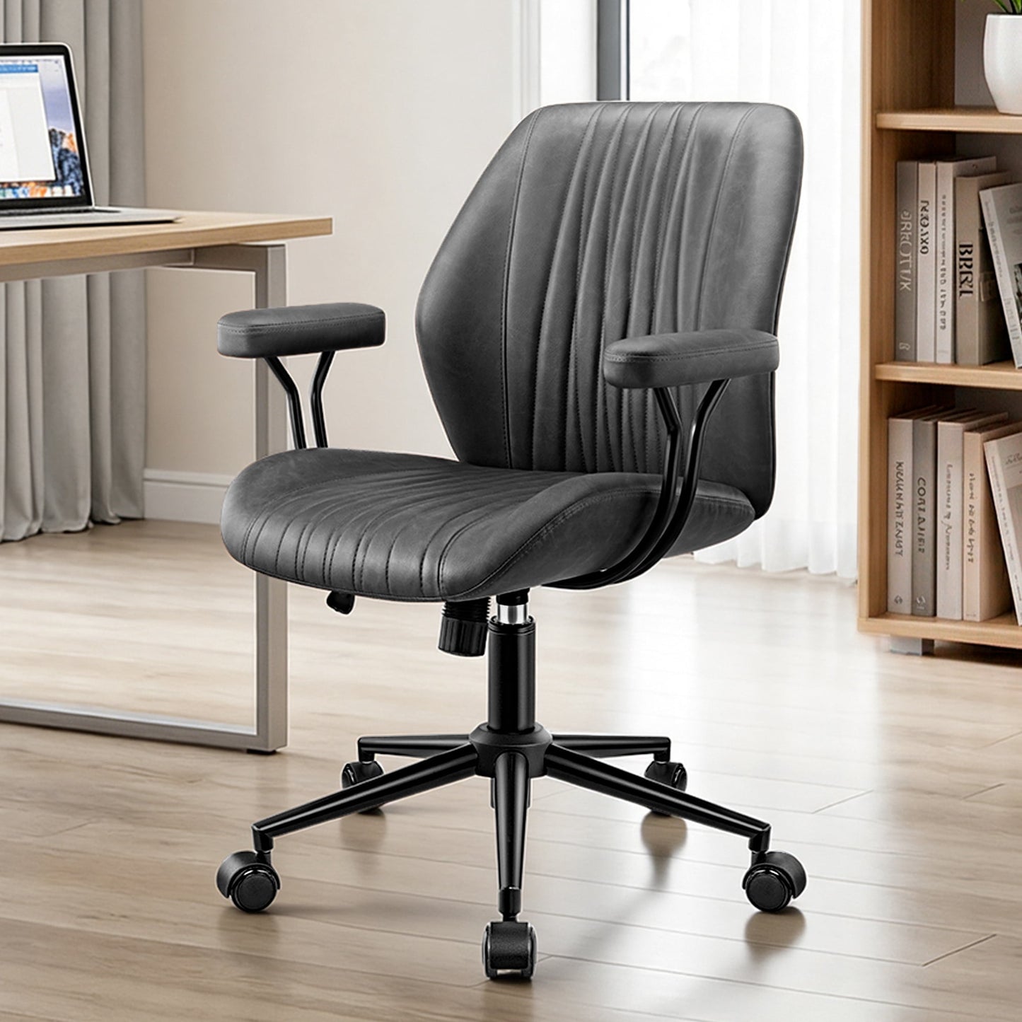 FASTES Office Chair with Wheels, Adjustable Leather Desk Chair, Ergonomic Computer Chair, 360° Swivel Computer Chair for Home Office, Gray