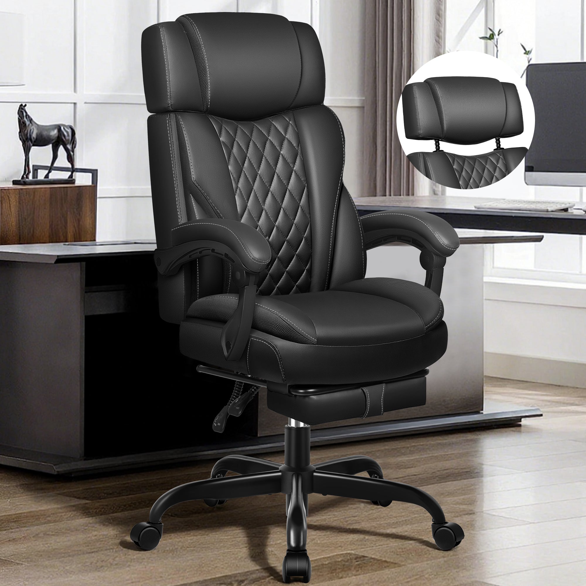 Big and Tall Office Chair, Executive Office Chair with Footrest, Ergonomic Office Chairs with Adjustable Headrest and Tilt Angle, Suitable for Office and Home, Black