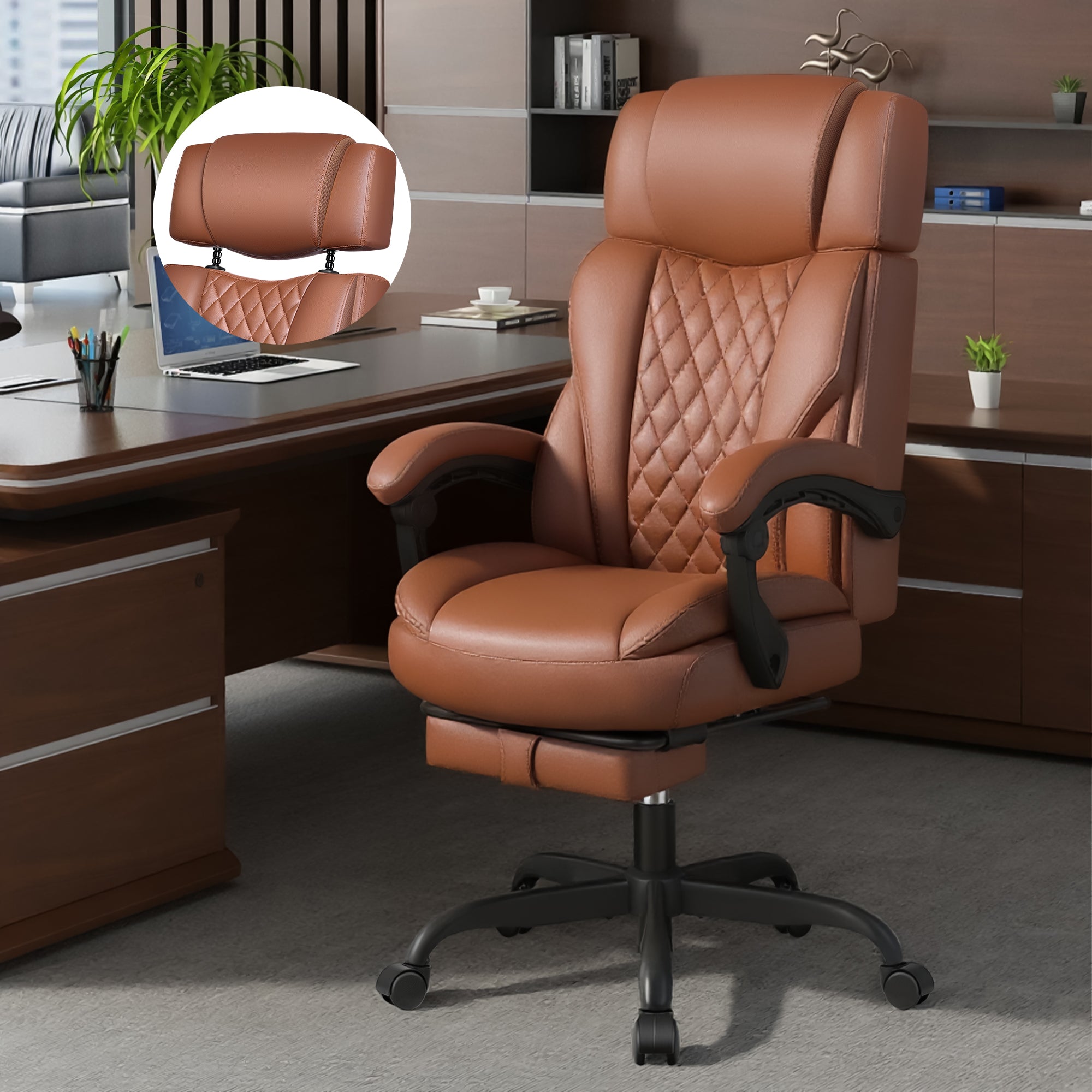 Big and Tall Office Chair, Executive Office Chair with Footrest, Ergonomic Office Chairs with Adjustable Headrest and Tilt Angle, Suitable for Office and Home, Brown