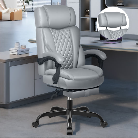Big and Tall Office Chair, Executive Desk Chair with Footrest, Ergonomic Gaming Chairs with Adjustable Headrest and Tilt Angle, for Office and Home, Gray