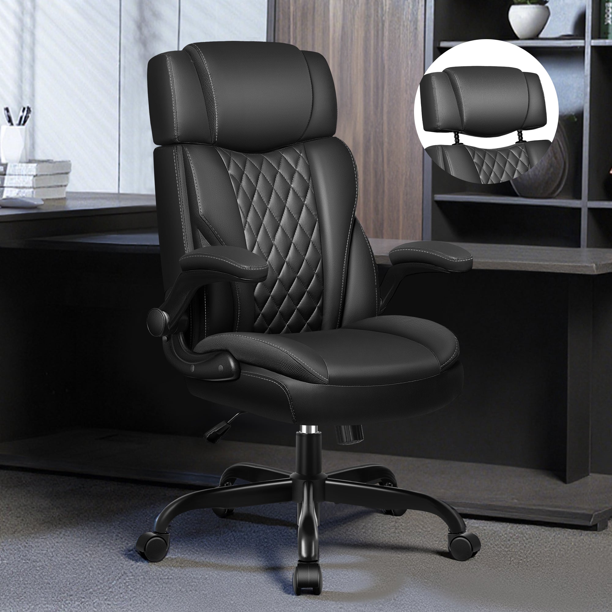 Executive Office Chair, Desk Chair with Flip-Up Armrests, Ergonomic Office Chairs with Adjustable Headrest Height, Suitable for a Variety of Body Shapes, Black