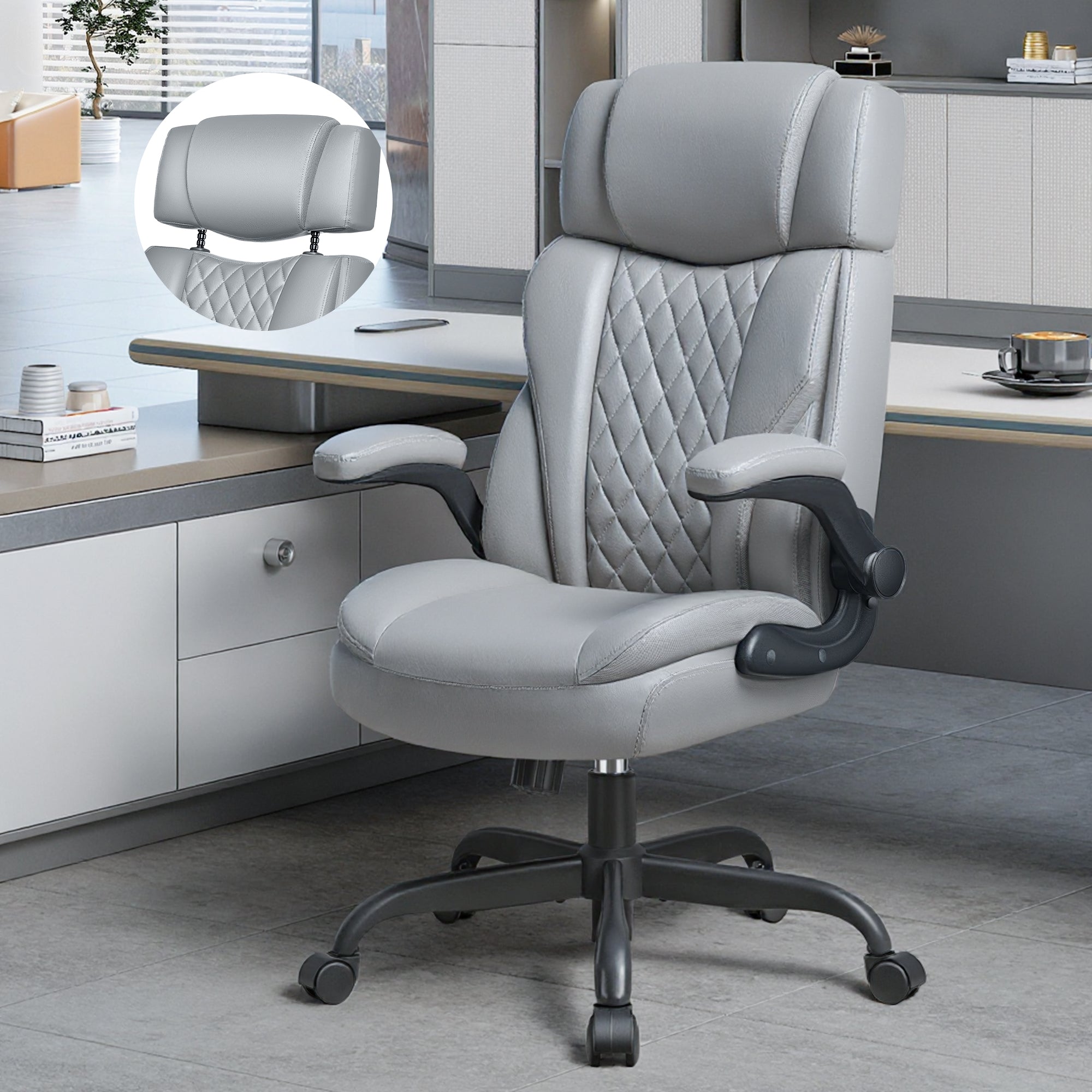 FASTES Office Chair, Desk Chair with Flip-Up Armrests, Ergonomic Leather Computer Chair with Lumbar Support Adjustable Headrest for Adult, Gray