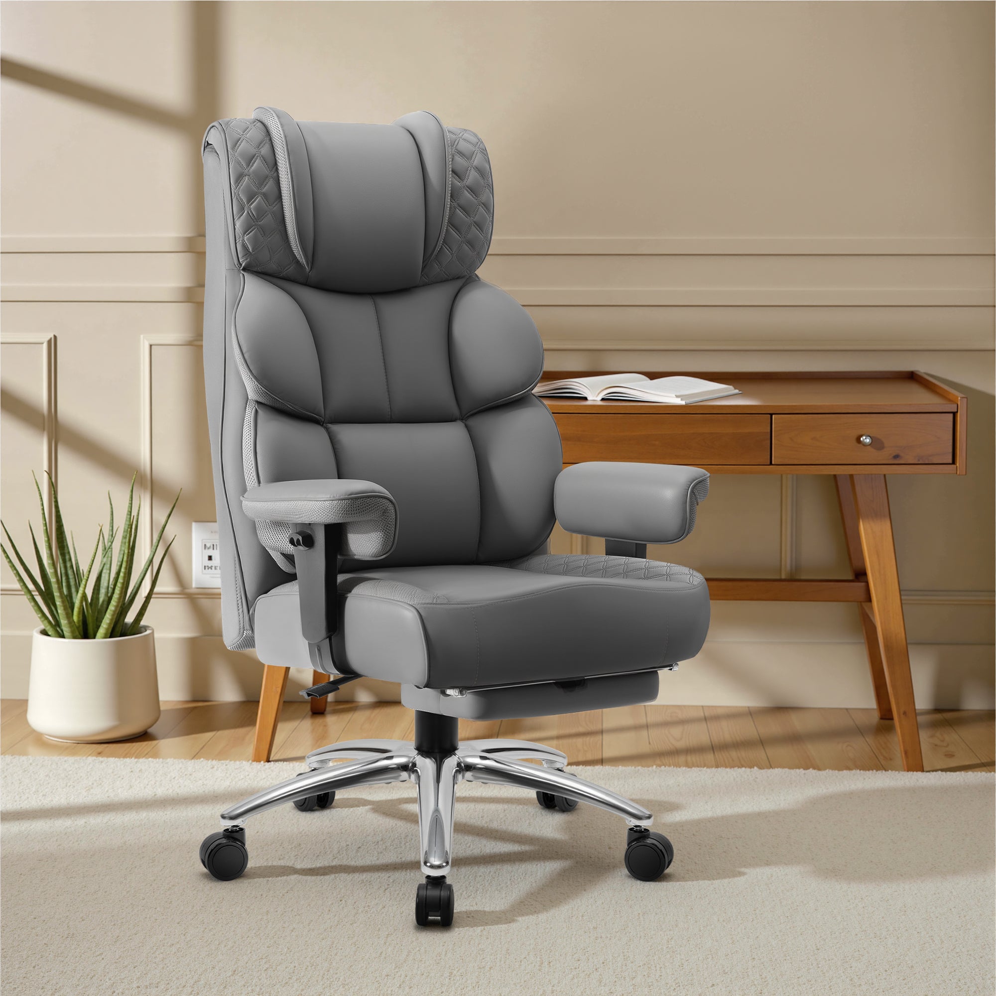FASTES Office Chair, 400lbs Desk Chair Big And Tall Gaming Chair With Footrest Ergonomic Executive Computer Chair Silent Scroll Wheels And Padded Lumbar Support, Gray