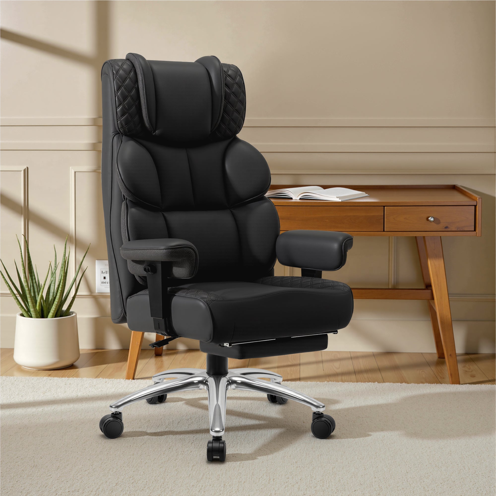 FASTES Office Chair, 400lbs Desk Chair Big And Tall Gaming Chair With Footrest Ergonomic Executive Computer Chair Silent Scroll Wheels And Padded Lumbar Support, Black