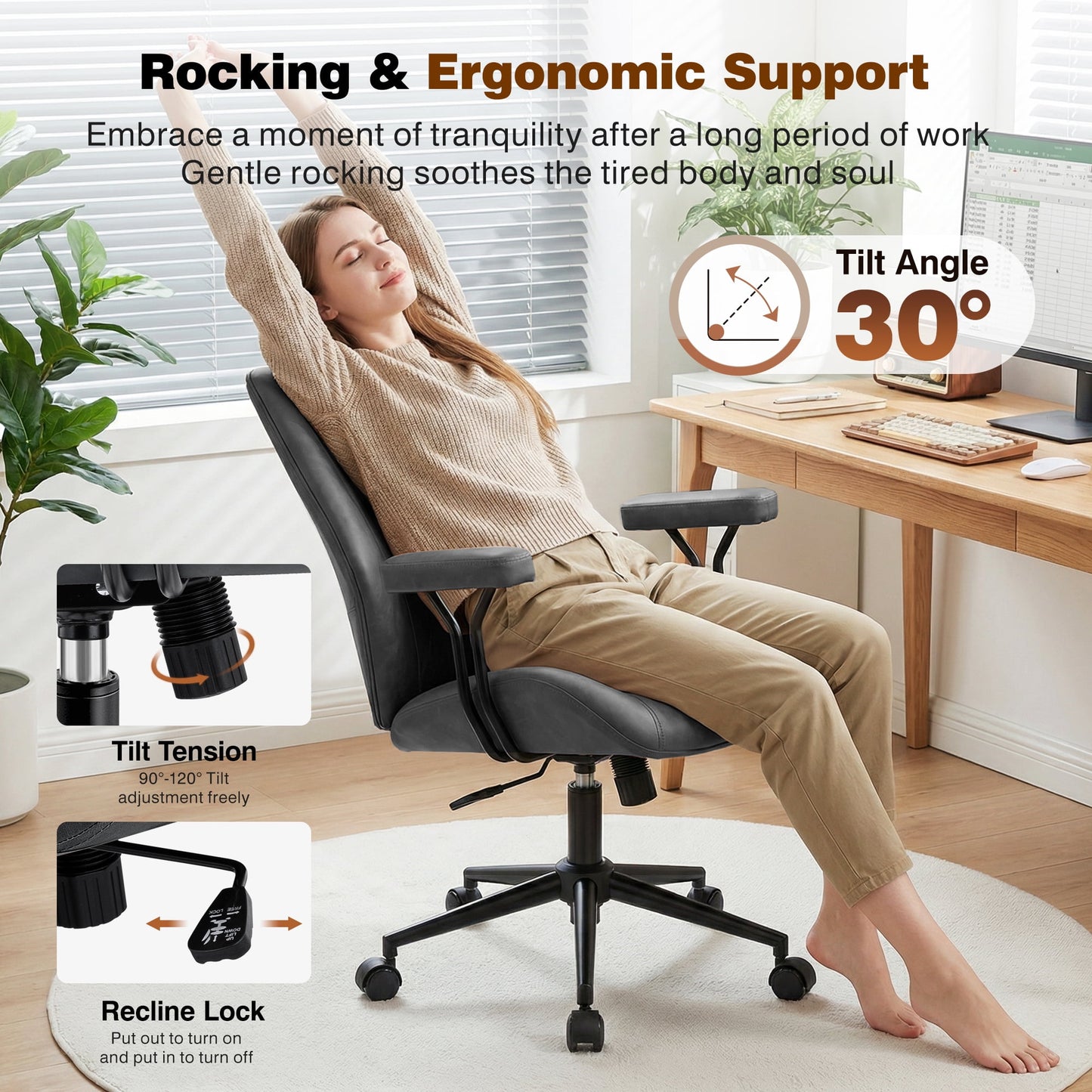 FASTES Office Chair Armless with Wheels, Adjustable Leather Desk Chair, Ergonomic Computer Chair, 360 Swivel Modern Walnut Chair for Home Office, White