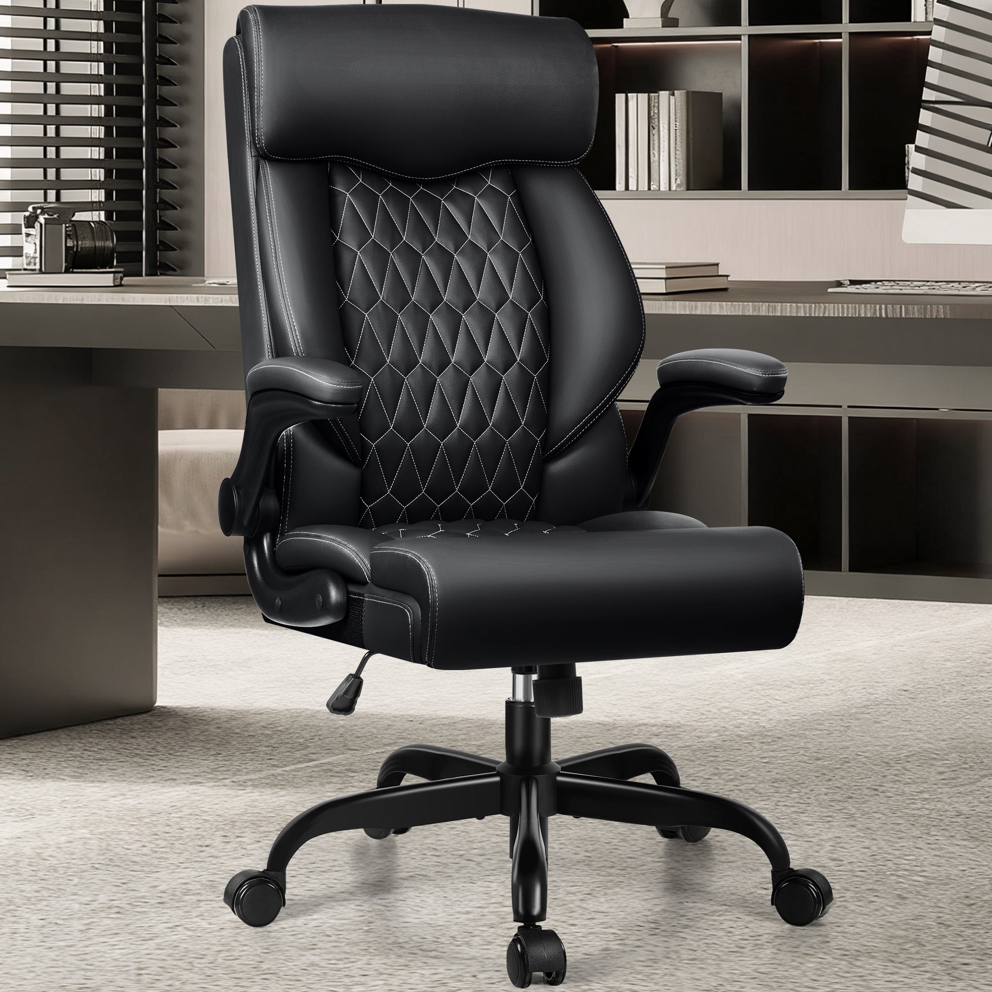 Executive Office Chair, Ergonomic Computer Desk Chair with Rocking Function, Leather Chair with Adjustable Flip-Up Armrests and Lumbar Support, Black