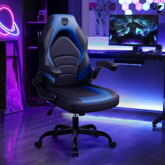 FASTES Gaming Chair, High-Back Ergonomic Office Desk Chair with Flip-up Arms Lumbar Support Leather Ergonomic Computer Chair, Blue