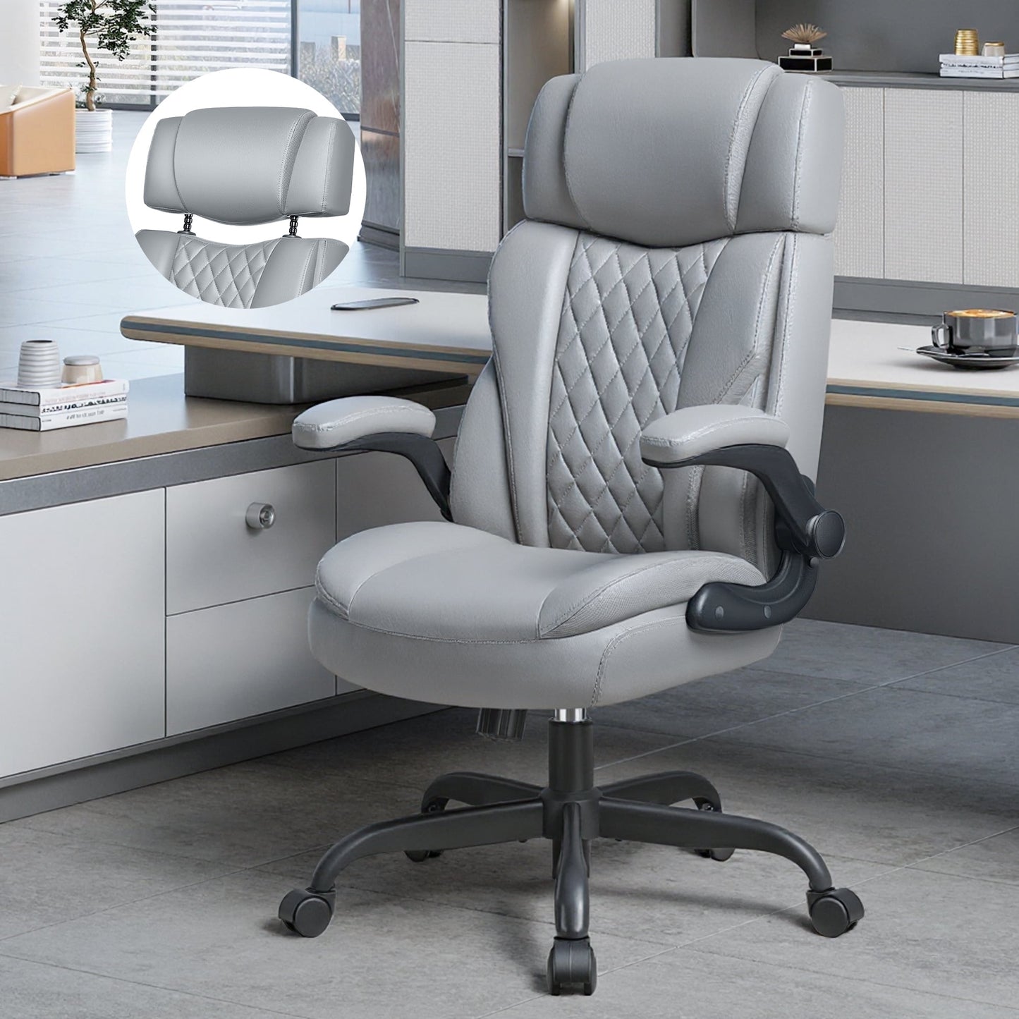 FASTES Office Chair, Desk Chair with Flip-Up Armrests, Ergonomic Leather Computer Chair with Lumbar Support Adjustable Headrest for Adult, Gray