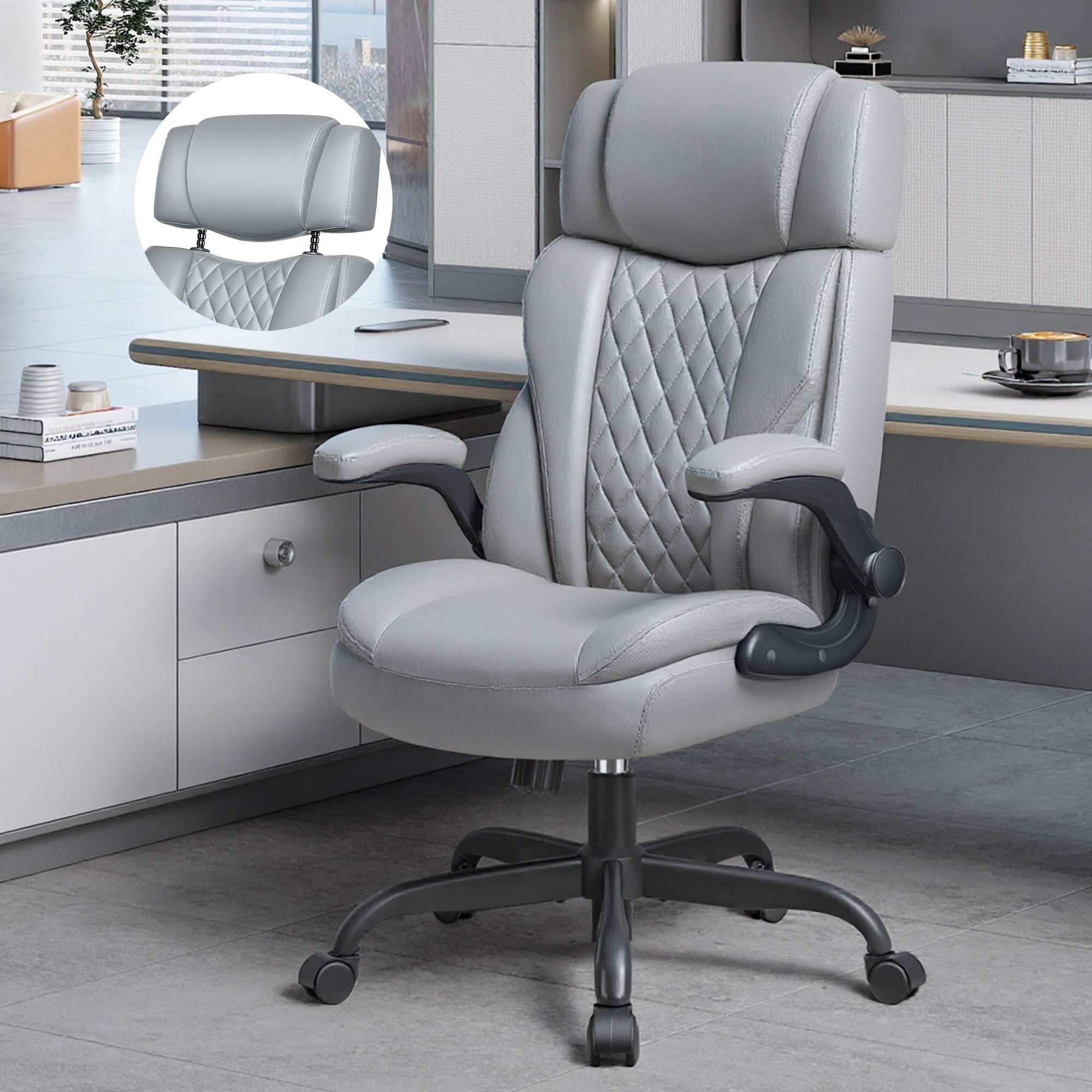 FASTES Office Chair, Desk Chair with Flip-Up Armrests, Ergonomic Leather Computer Chair with Lumbar Support Adjustable Headrest for Adult, Gray