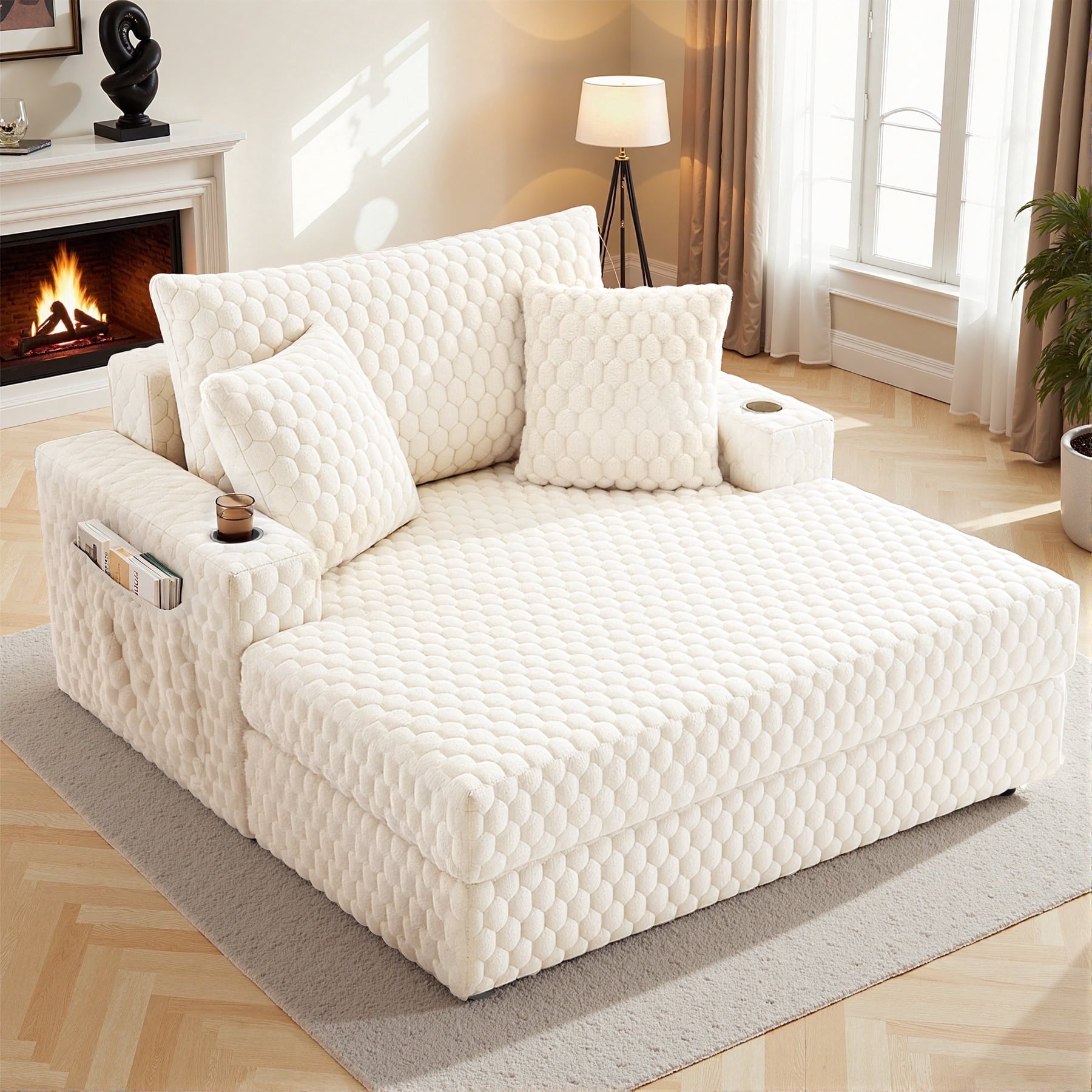 FASTES 58" Chaise Lounge Chair, Comfy Corduroy Chaise Sofa Recliner Bed Upholstered Sleeper Couch Bed with Throw Pillows and Armrests for Living Room, Bedroom White