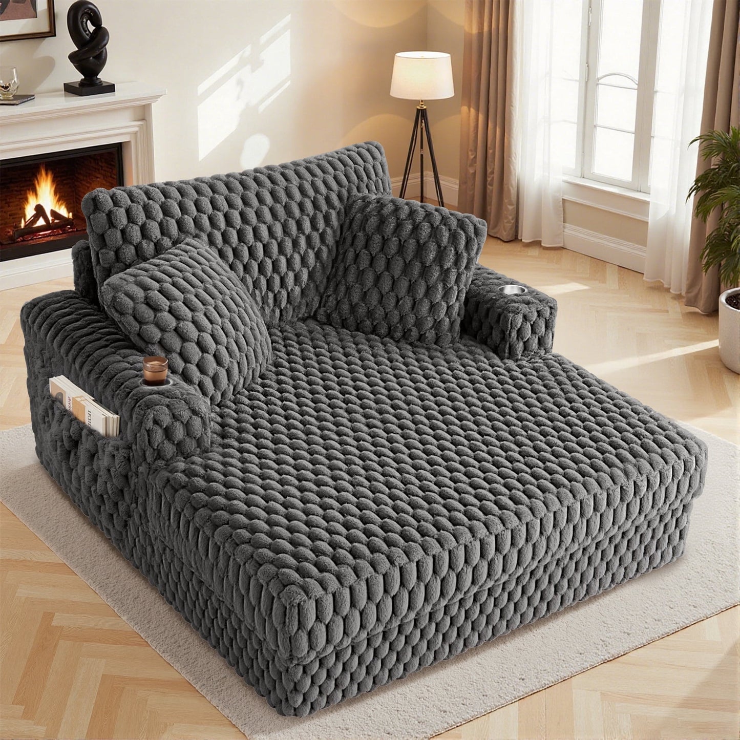 FASTES 58" Chaise Lounge Chair, Comfy Corduroy Chaise Sofa Recliner Bed Upholstered Sleeper Couch Bed with Throw Pillows and Armrests for Living Room, Bedroom Gray