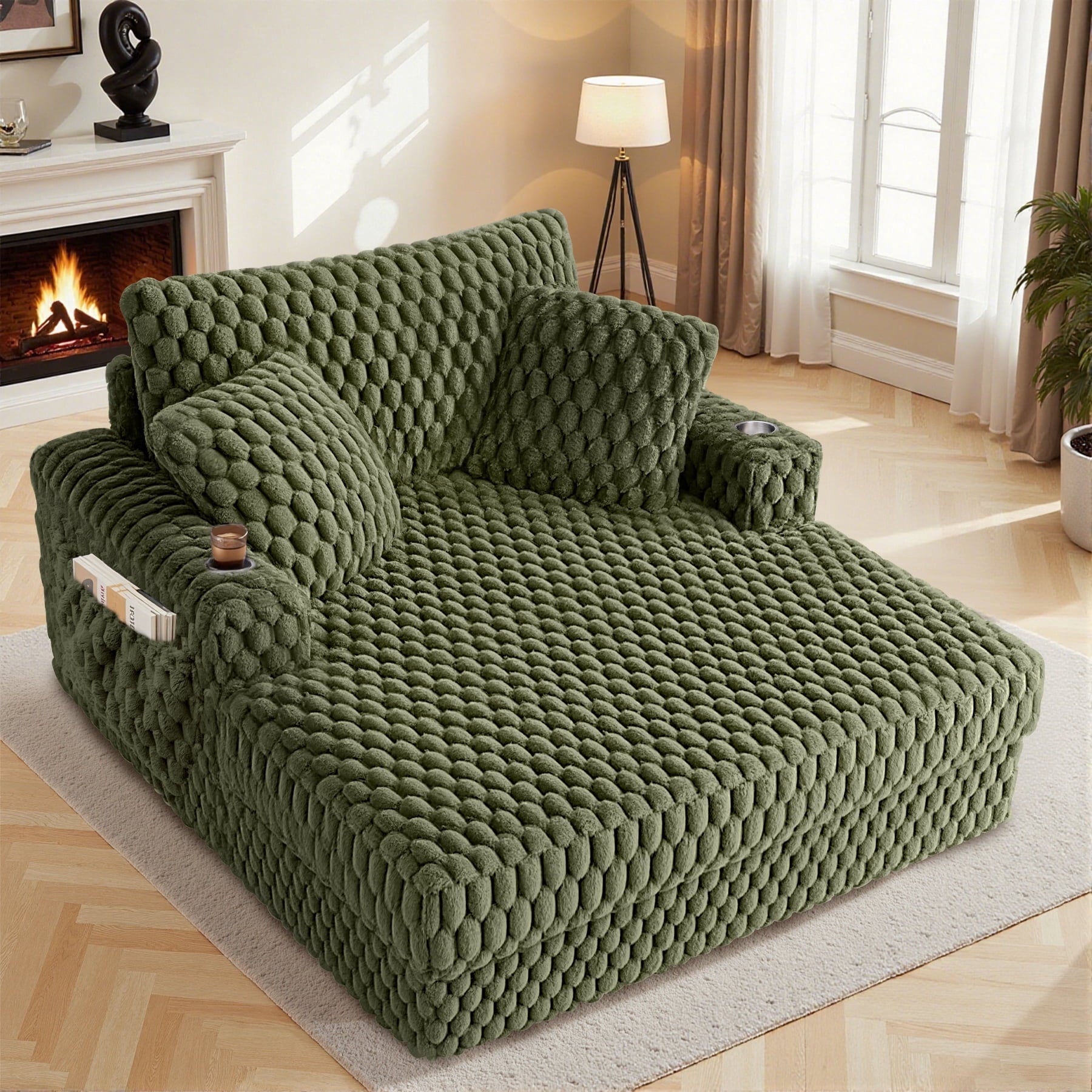 FASTES 58" Chaise Lounge Chair, Comfy Corduroy Chaise Sofa Recliner Bed Upholstered Sleeper Couch Bed with Throw Pillows and Armrests for Living Room, Bedroom Green