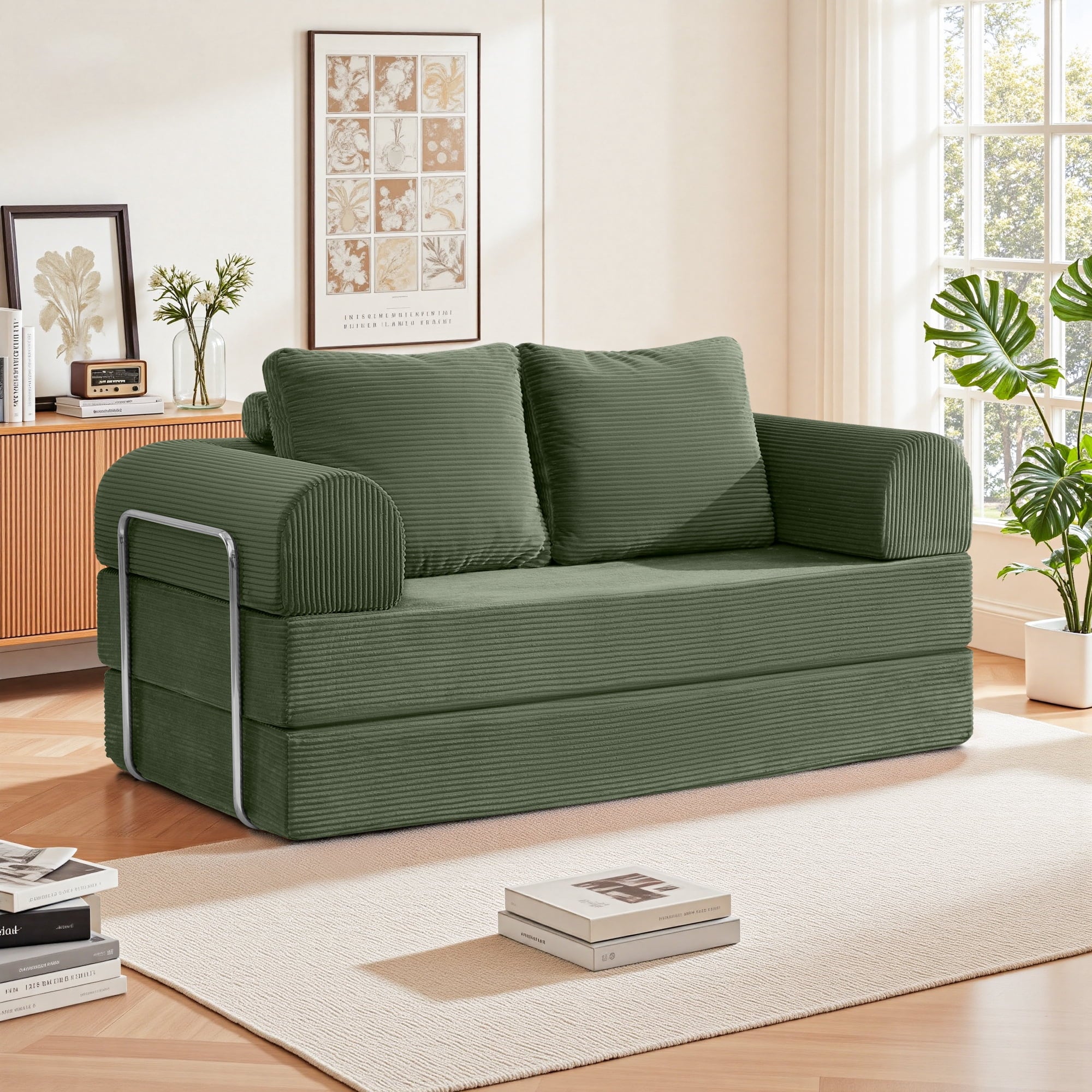 FASTES 63" Convertible Sofa Bed, 4 in 1 Folding Boneless Couch with Fixed-Shape Frame, Corduroy Loveseat Sleeper with Pull Out Bed, Floor Sofa Modular Futon Couch for Bedroom Lounge, Green