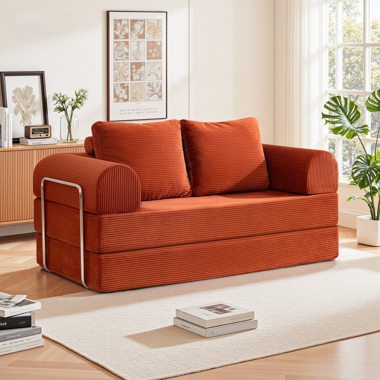 FASTES 63" Convertible Sofa Bed, 4 in 1 Folding Boneless Couch with Fixed-Shape Frame, Corduroy Loveseat Sleeper with Pull Out Bed, Floor Sofa Modular Futon Couch for Bedroom Lounge, Brown