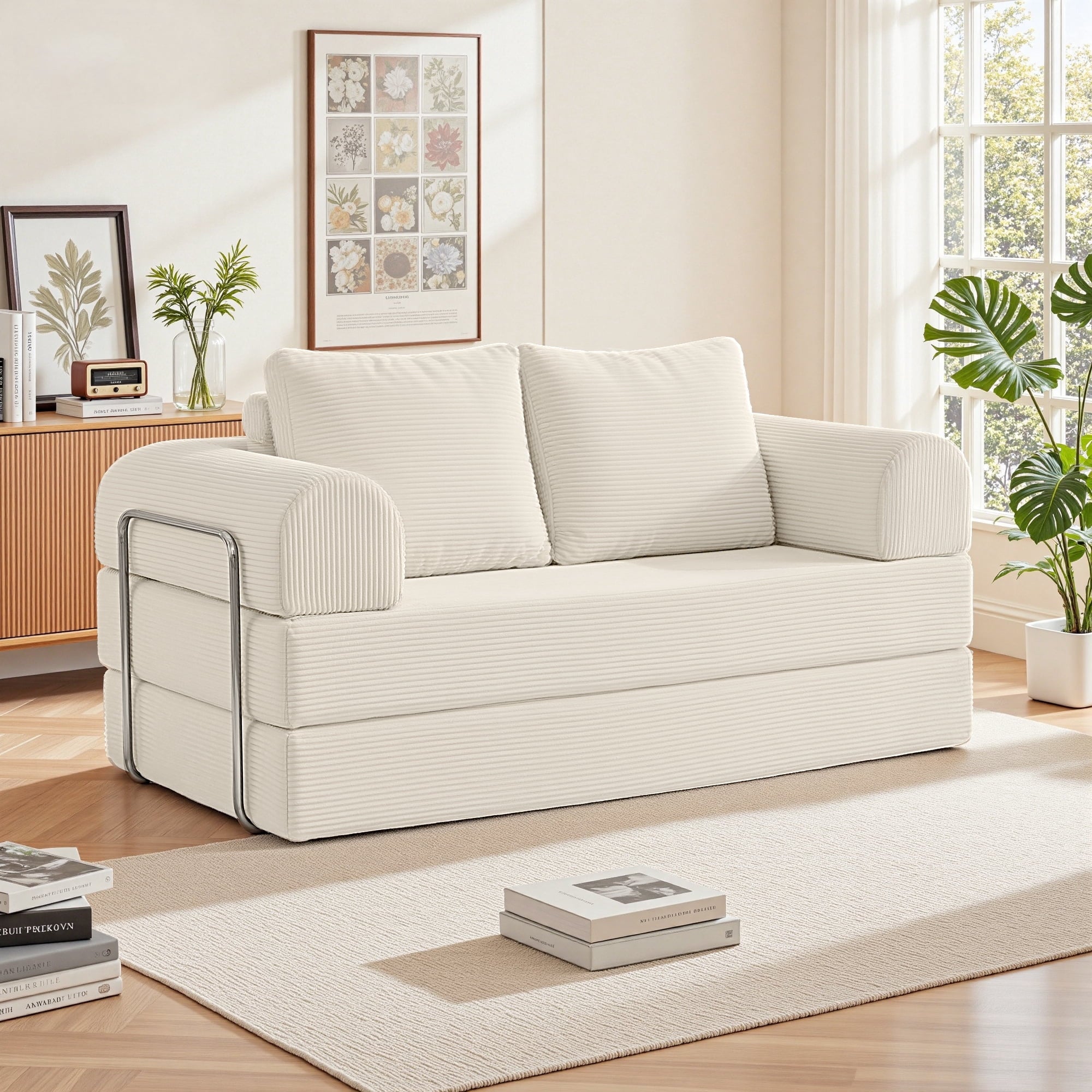 FASTES 63" Convertible Sofa Bed, 4 in 1 Folding Boneless Couch with Fixed-Shape Frame, Corduroy Loveseat Sleeper with Pull Out Bed, Floor Sofa Modular Futon Couch for Bedroom Lounge, White