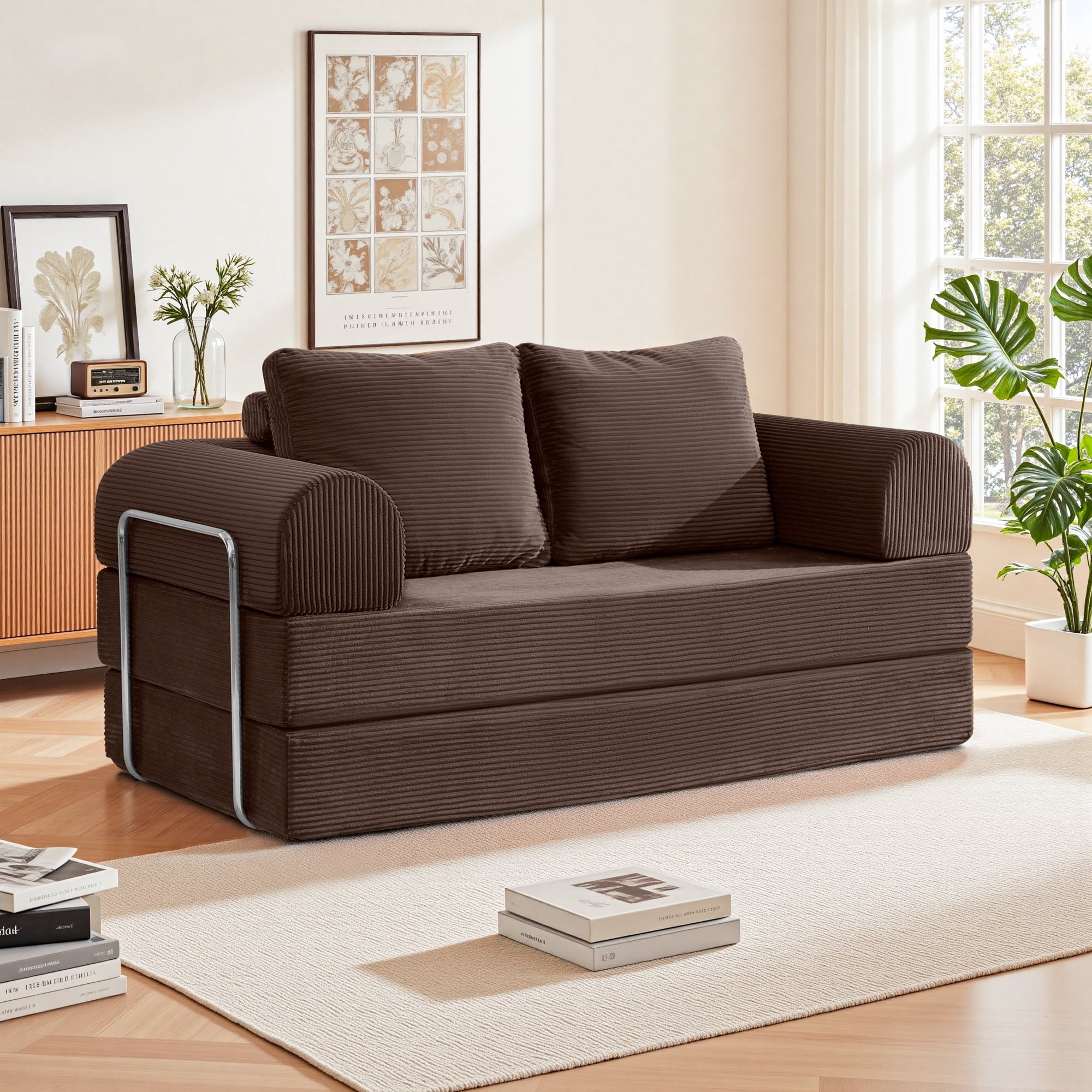 FASTES 63" Convertible Sofa Bed, 4 in 1 Folding Boneless Couch with Fixed-Shape Frame, Corduroy Loveseat Sleeper with Pull Out Bed, Floor Sofa Modular Futon Couch for Bedroom Lounge, Coffee