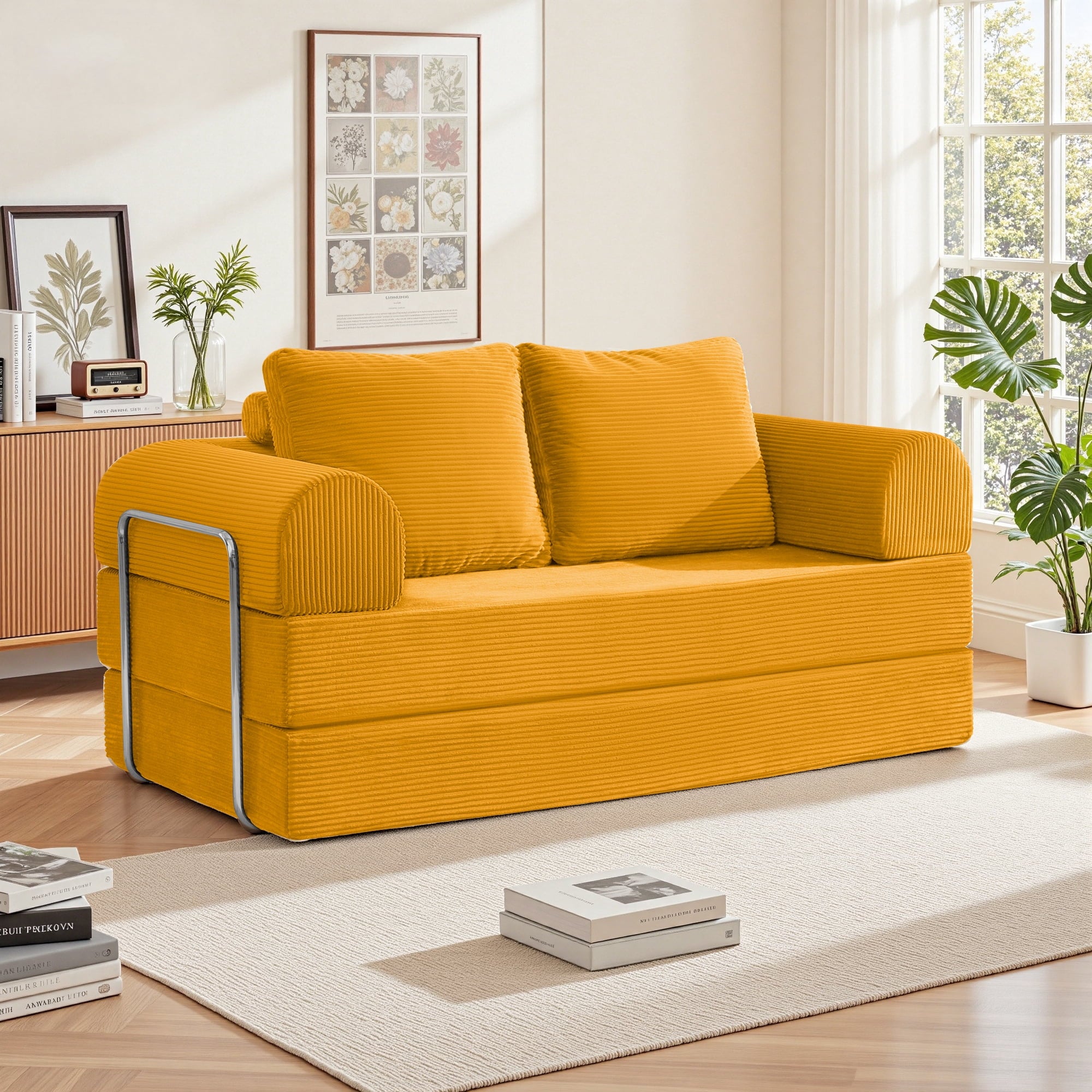 FASTES 63" Convertible Sofa Bed, 4 in 1 Folding Boneless Couch with Fixed-Shape Frame, Corduroy Loveseat Sleeper with Pull Out Bed, Floor Sofa Modular Futon Couch for Bedroom Lounge, White