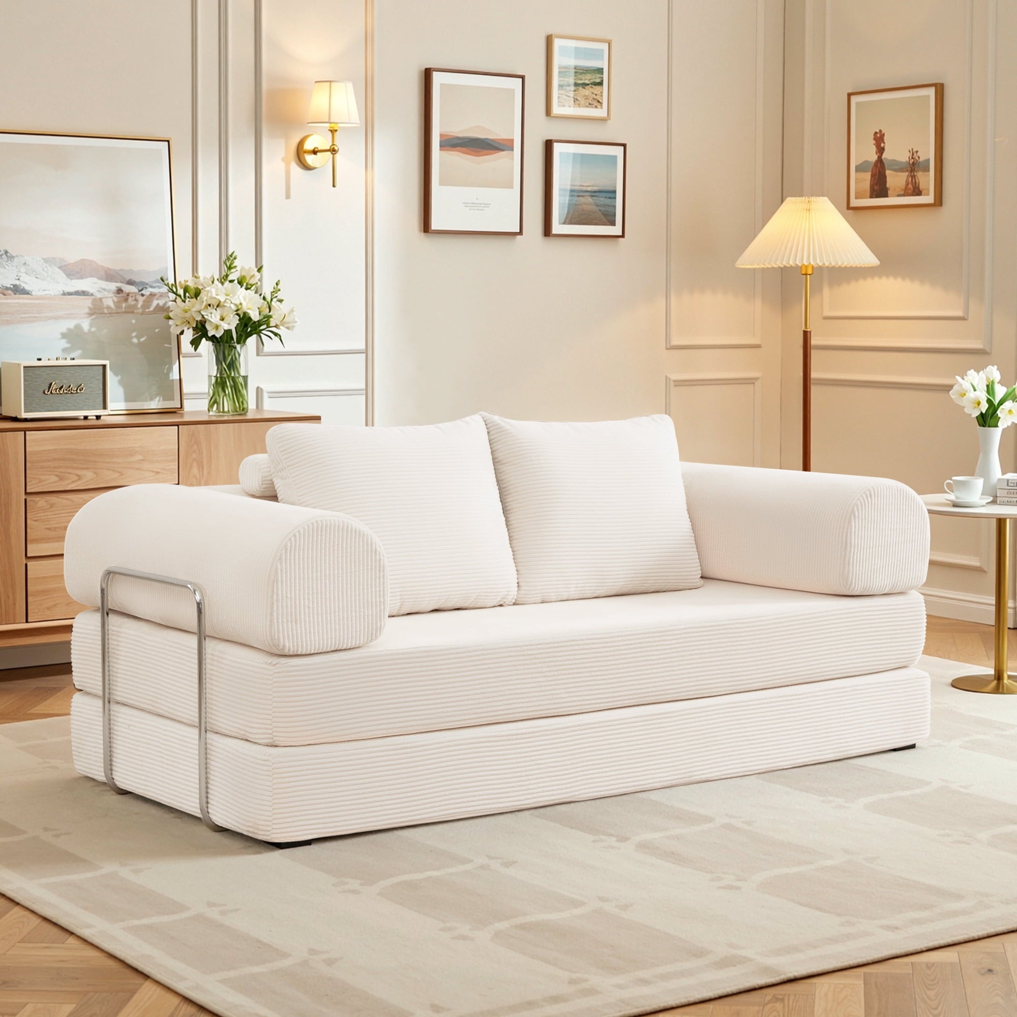 FASTES 78" Sofa Bed, 4 in 1 Folding Boneless Couch Convertible Sofa Chair, Corduroy Loveseat Sleeper with Pull Out Bed, Floor Sofa Modular Futon Couch for Living Room Bedroom Lounge, White