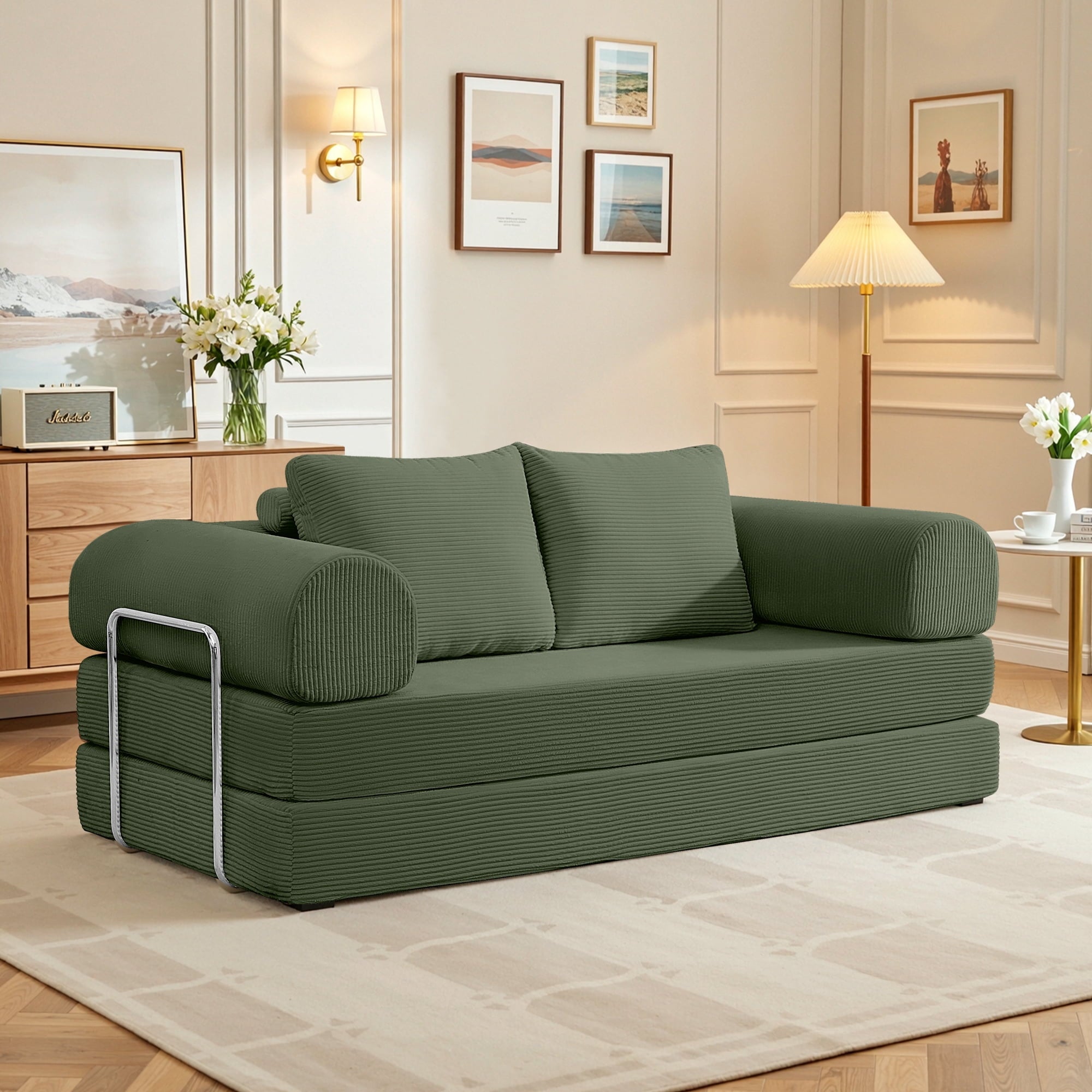 FASTES 78" Sofa Bed, 4 in 1 Folding Boneless Couch Convertible Sofa Chair, Corduroy Loveseat Sleeper with Pull Out Bed, Floor Sofa Modular Futon Couch for Living Room Bedroom Lounge, Green