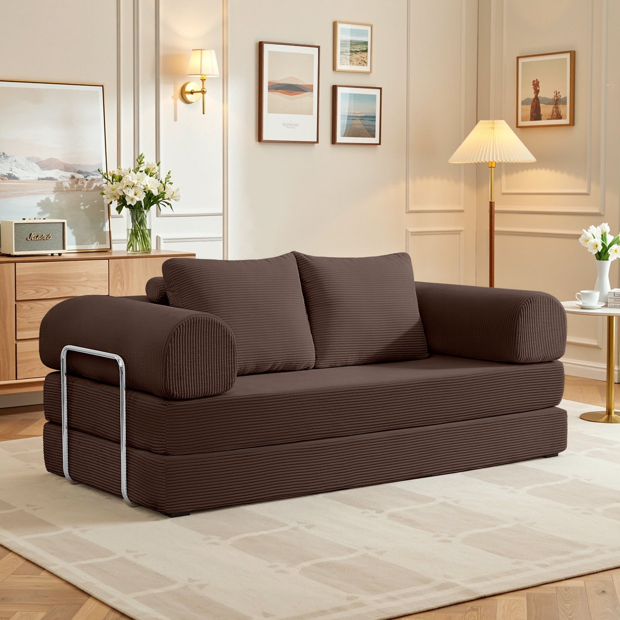 FASTES 78" Sofa Bed, 4 in 1 Folding Boneless Couch Convertible Sofa Chair, Corduroy Loveseat Sleeper with Pull Out Bed, Floor Sofa Modular Futon Couch for Living Room Bedroom Lounge, Coffee