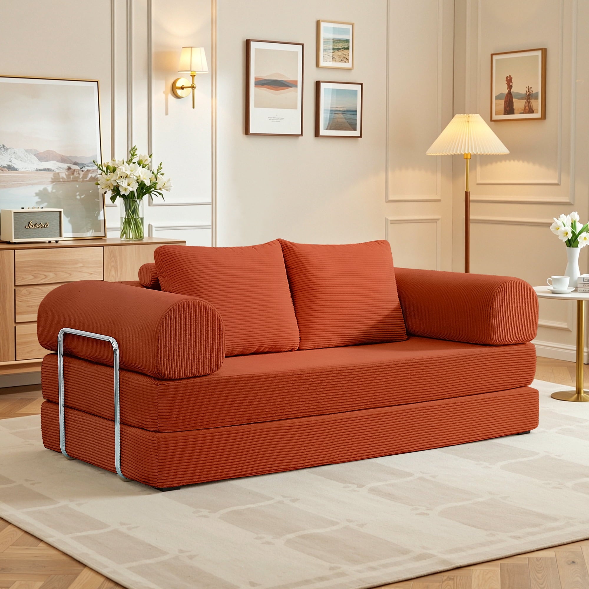 FASTES 78" Sofa Bed, 4 in 1 Folding Boneless Couch Convertible Sofa Chair, Corduroy Loveseat Sleeper with Pull Out Bed, Floor Sofa Modular Futon Couch for Living Room Bedroom Lounge, Brown