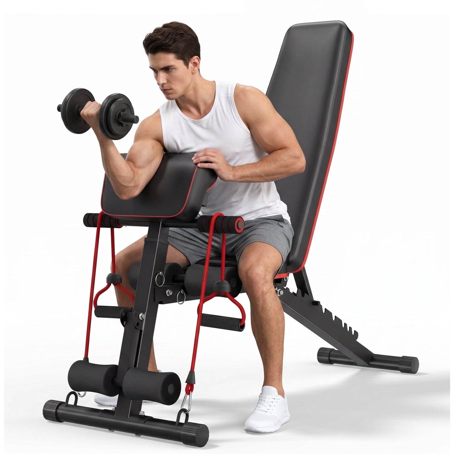 FASTES 8 Positions Adjustable Weight Bench with Leg Extension & Preacher Curl, Foldable Workout Bench Weight Bench Press for Full Body Strength Training 1000 lbs Capacity