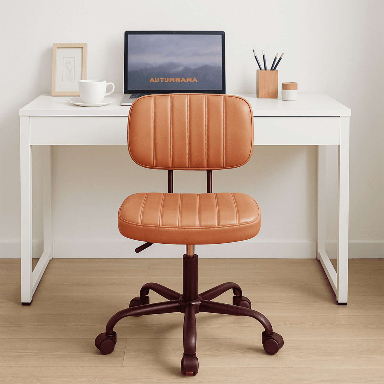 FASTES Armless Desk Chair, Modern Office Chair no Arms, Swivel Vanity Chair, PU Leather Computer Task Chairs, Ergonomic Desk Chairs for Home Dorm, Brown