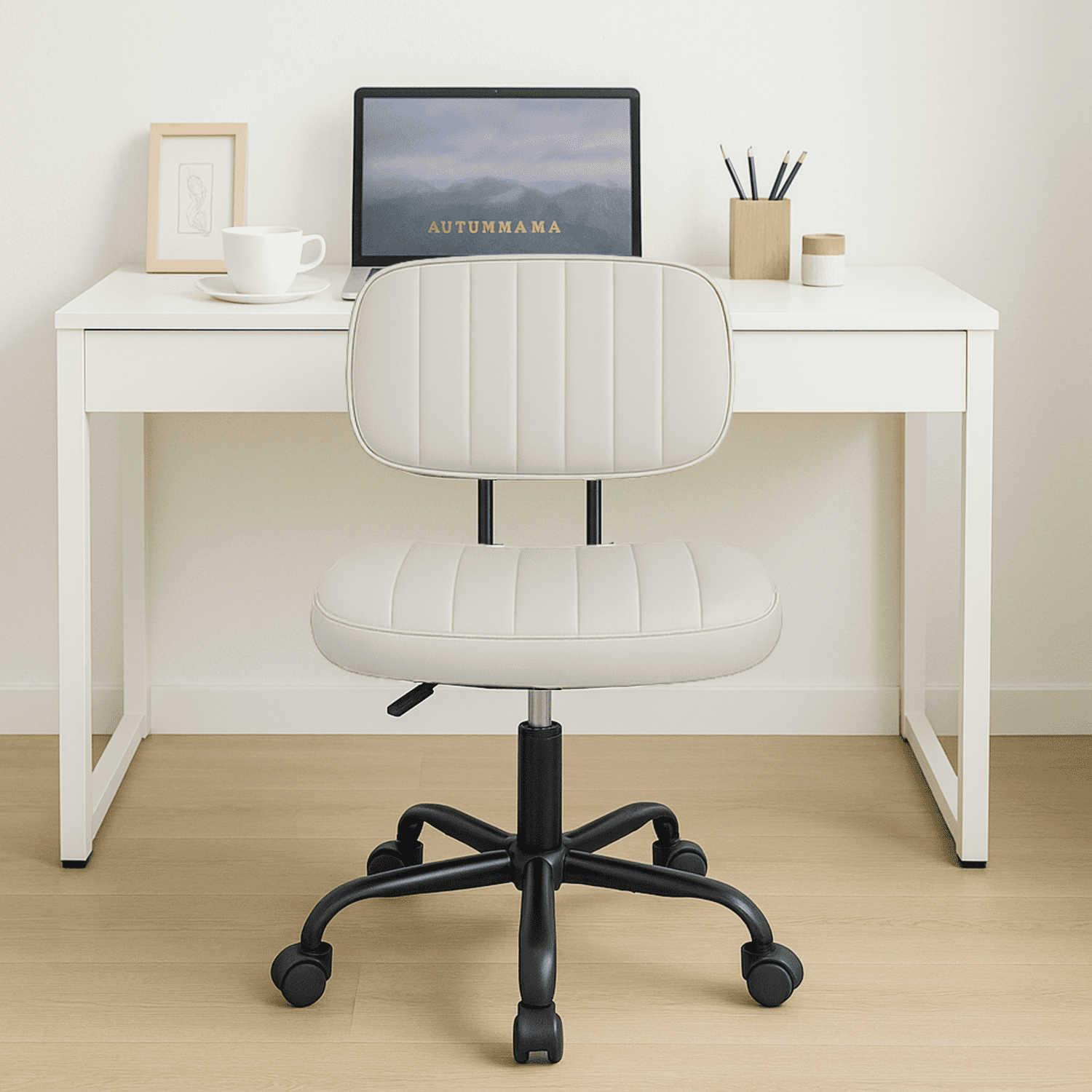 FASTES Armless Desk Chair, Modern Office Chair no Arms, Swivel Vanity Chair, PU Leather Computer Task Chairs, Ergonomic Desk Chairs for Home Dorm, White