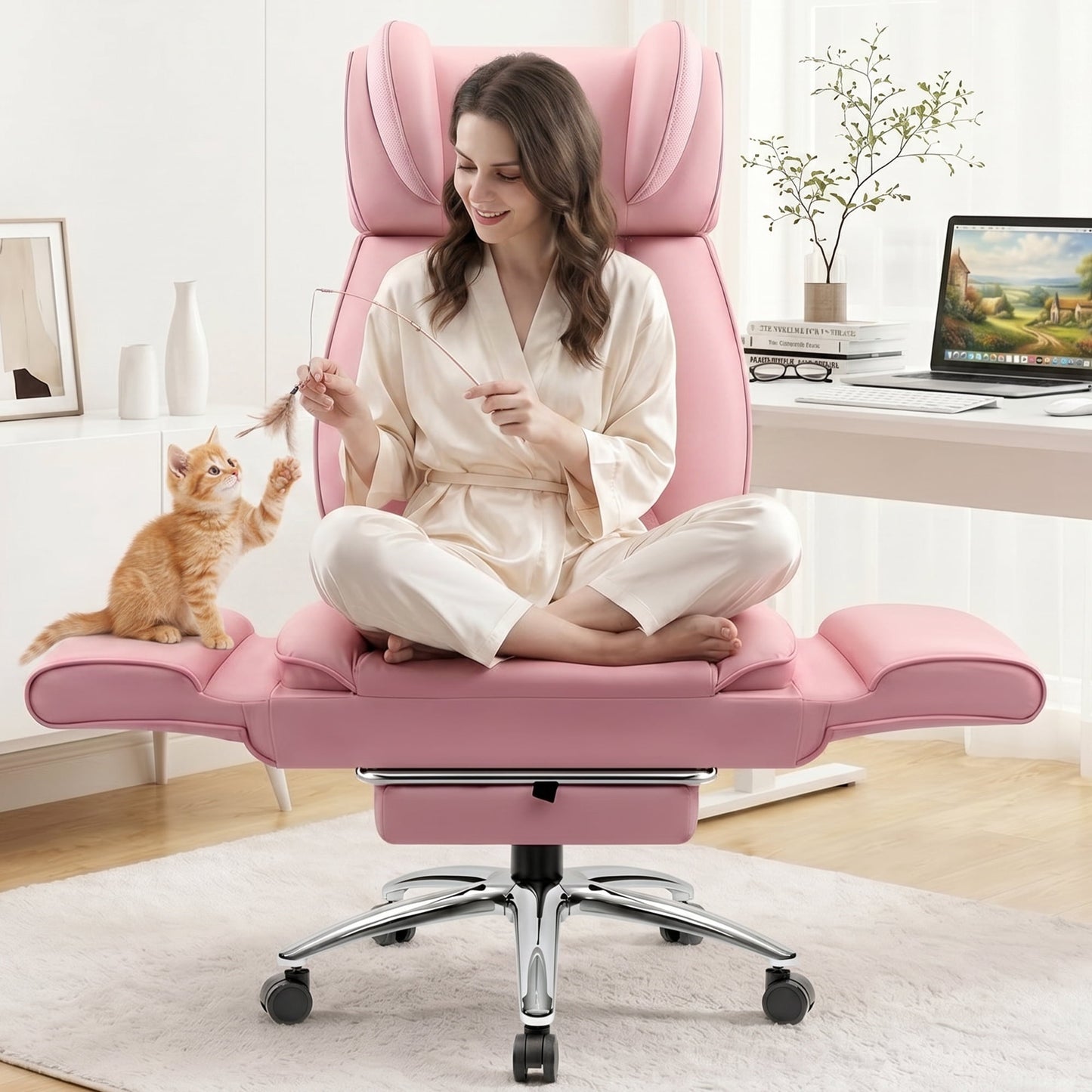 FASTES Big and Tall Office Chair, Ergonomic Desk Chair Flip Armrests for Pets & Cross Legged Sitting, High-Back Reclining Executive Leather Computer Chairs with Footrest for Home Office, Pink