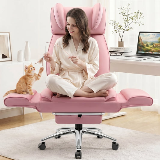 FASTES Big and Tall Office Chair, Ergonomic Desk Chair Flip Armrests for Pets & Cross Legged Sitting, High-Back Reclining Executive Leather Computer Chairs with Footrest for Home Office, Pink