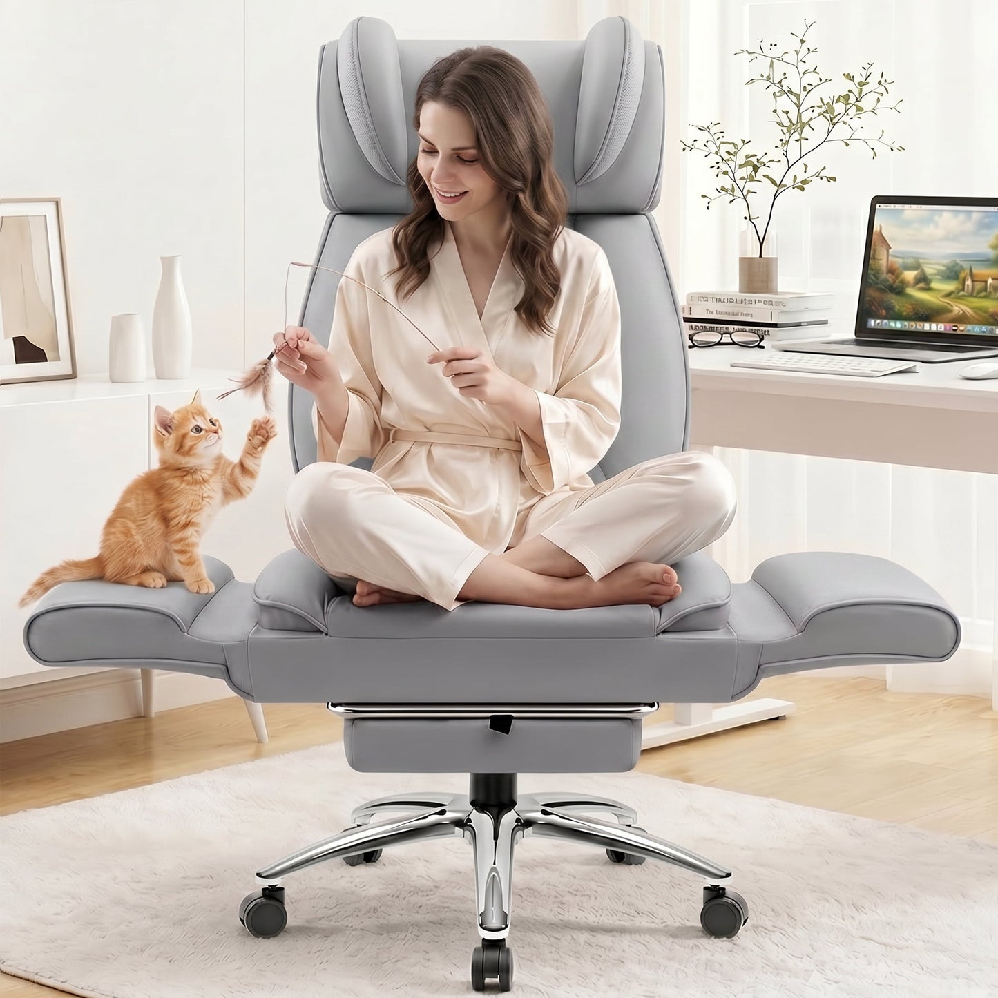 FASTES Big and Tall Office Chair, Ergonomic Desk Chair Flip Armrests for Pets & Cross Legged Sitting, High-Back Reclining Executive Leather Computer Chairs with Footrest for Home Office, Light Gray