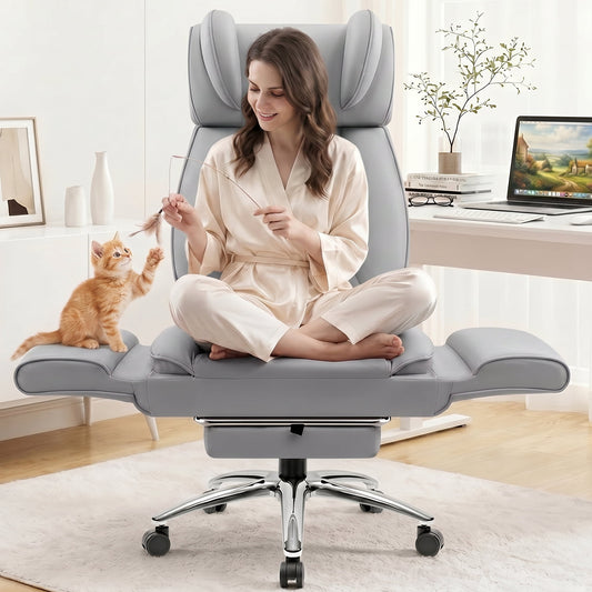 FASTES Big and Tall Office Chair, Ergonomic Desk Chair Flip Armrests for Pets & Cross Legged Sitting, High-Back Reclining Executive Leather Computer Chairs with Footrest for Home Office, Light Gray