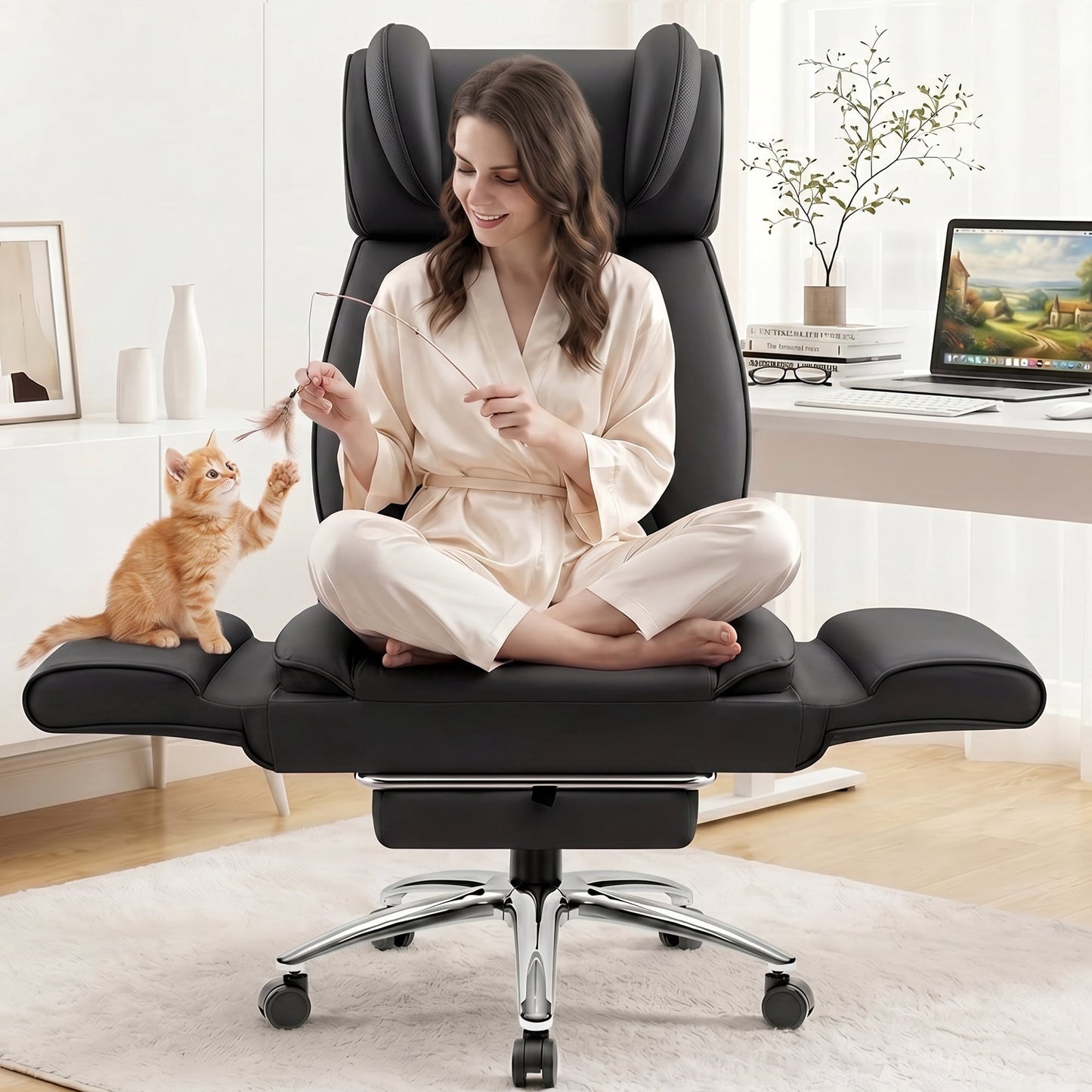 FASTES Big and Tall Office Chair, Ergonomic Desk Chair Executive PU Leather Chair with Footrest, High Back Home Office Chair Computer Chair Flip Armrests for Pets & Cross Legged Sitting, Black