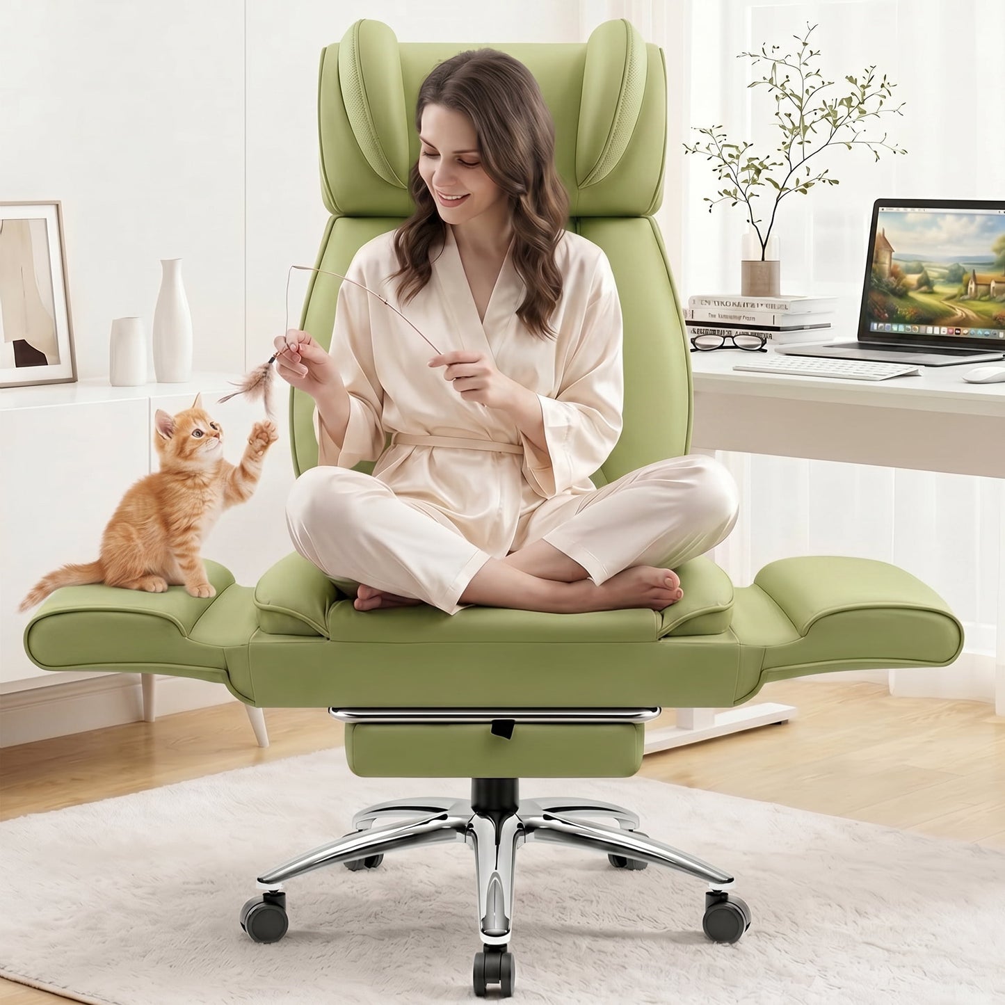 FASTES Big and Tall Office Chair, Ergonomic Desk Chair Flip Armrests for Pets & Cross Legged Sitting, High-Back Reclining Executive Leather Computer Chairs with Footrest for Home Office, Green