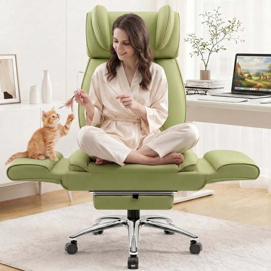 FASTES Big and Tall Office Chair, Ergonomic Desk Chair Flip Armrests for Pets & Cross Legged Sitting, High-Back Reclining Executive Leather Computer Chairs with Footrest for Home Office, Green
