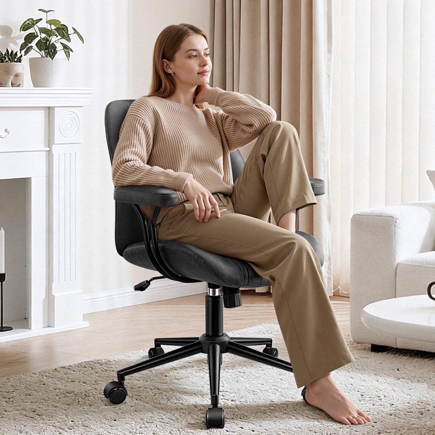 FASTES Office Chair Armless with Wheels, Adjustable Leather Desk Chair, Ergonomic Computer Chair, 360 Swivel Modern Walnut Chair for Home Office, Black