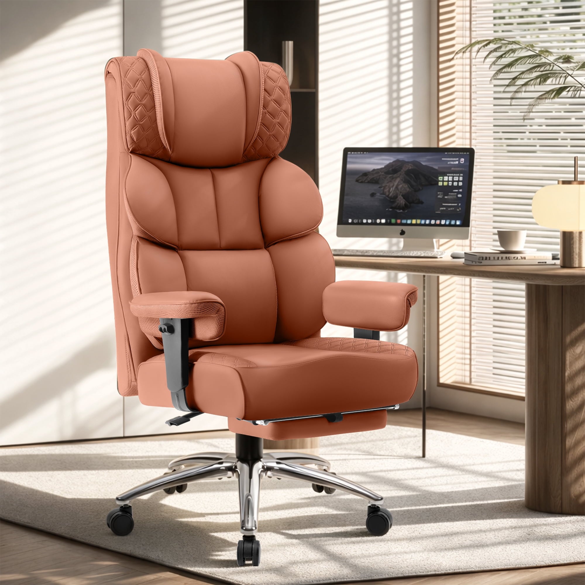 FASTES Office Chair, Big and Tall Desk Chairs with Footrest 400lbs Gaming Chair Ergonomic Executive High-Back Reclining Computer Chair Swivel Wheels and Padded Lumbar Support, Brown