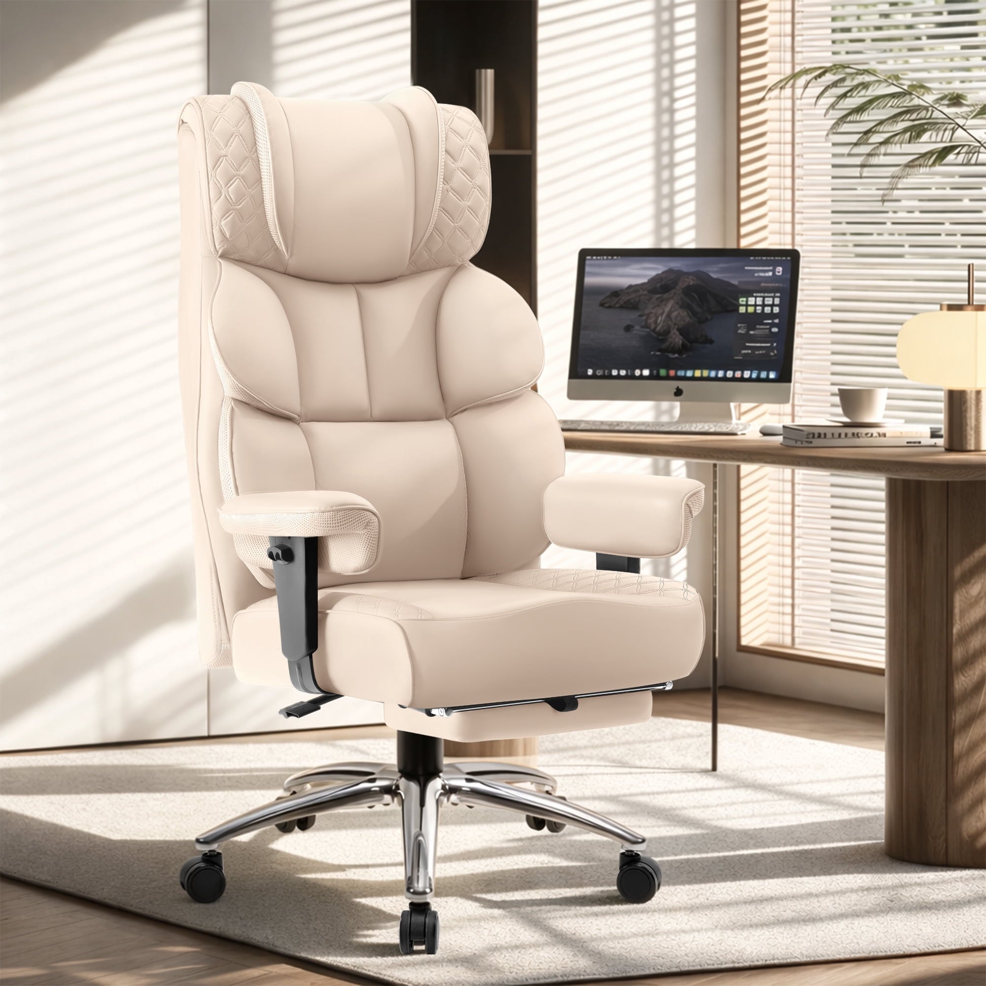 FASTES Office Chair, Big and Tall Desk Chairs with Footrest 400lbs Leather Gaming Chair Ergonomic Executive High-Back Reclining Computer Chair Swivel Wheels and Padded Lumbar Support, White
