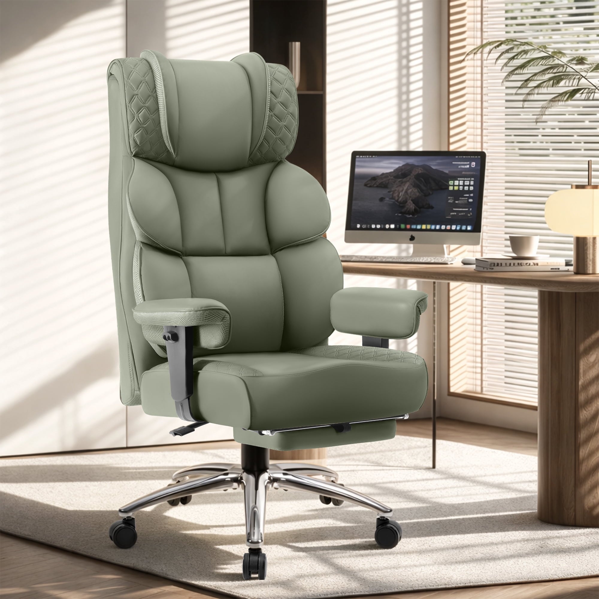 FASTES Office Chair, Big and Tall Office Desk Chair 400lbs Leather Gaming Chair with Footrest, Wide Ergonomic Executive High-Back Reclining Computer Chairs, Swivel Wheels and Lumbar Support, Green