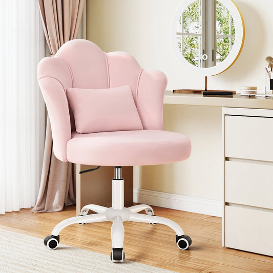 FASTES Petal Vanity Chair, 3.15" Extra Thick Cushion Comfy Desk Chair, Modern Velvet Accent Armless Chair for Girls Women, Aesthetic Makeup Chair for Bedroom Dorm, Pink