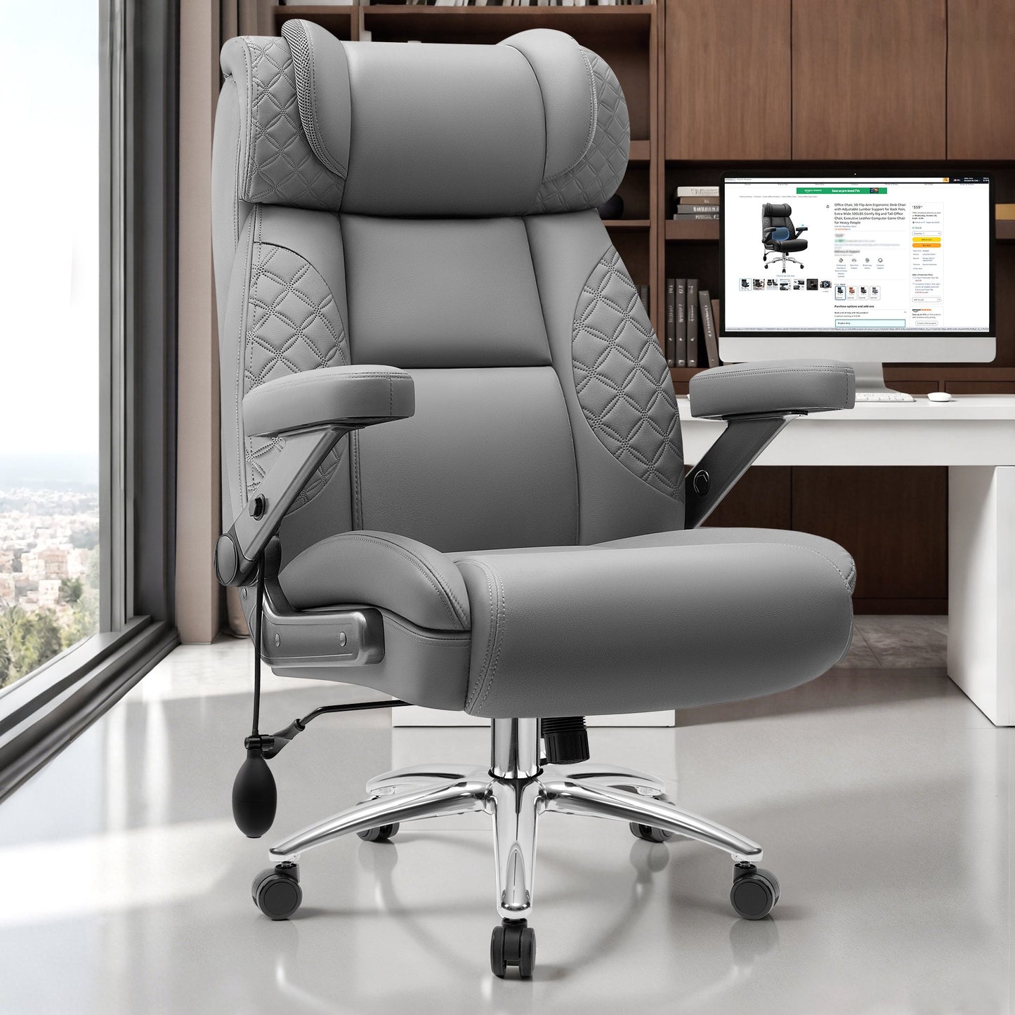 FASTES Office Chair, Desk Chair Big and Tall Gaming Chair, 500 lbs Computer Chair Ergonomic Extra Wide Office Chair with Adjustable Lumbar Support 5D Flip Arms, Gray