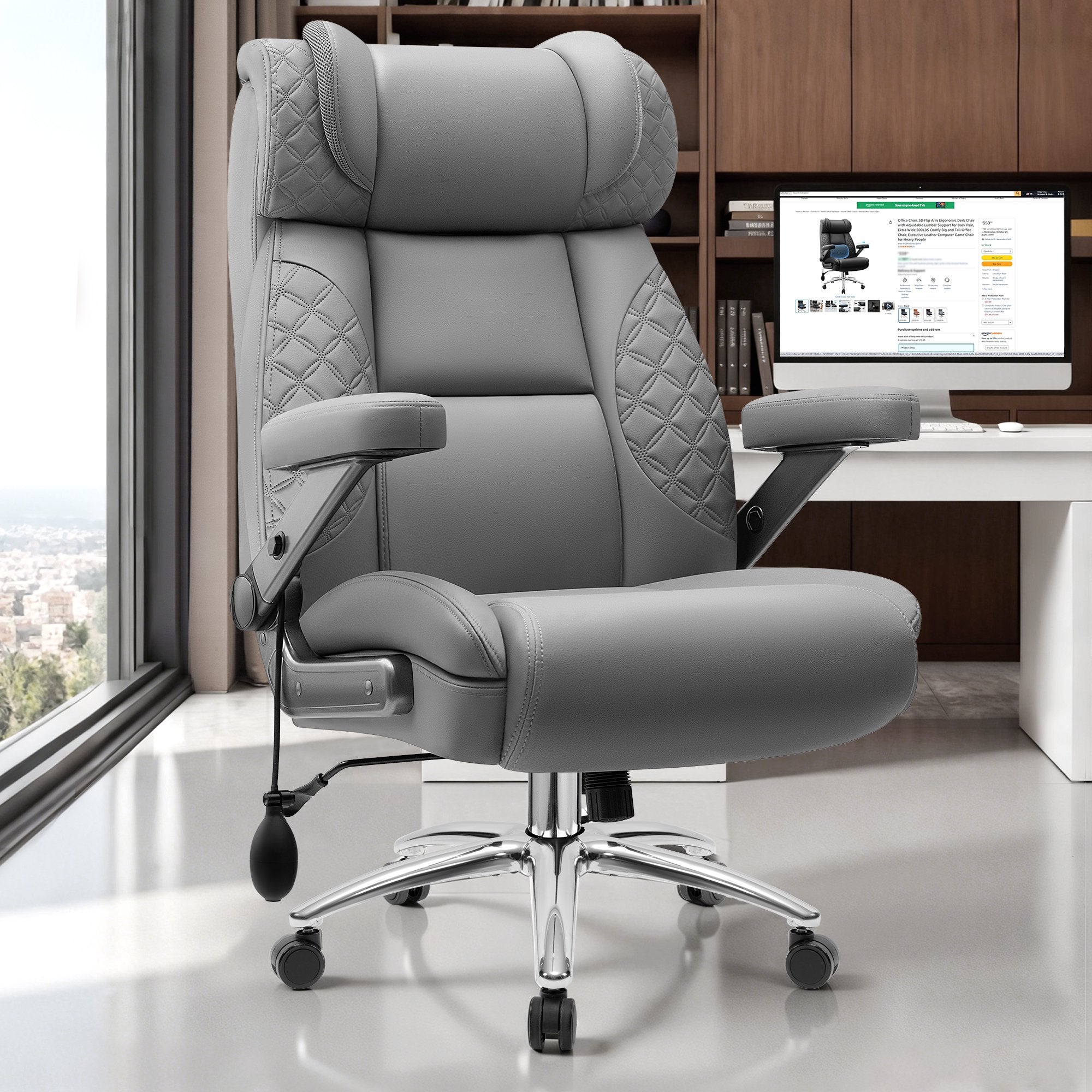 FASTES Office Chair, Desk Chair Big and Tall Gaming Chair, 500 lbs Computer Chair Ergonomic Extra Wide Office Chair with Adjustable Lumbar Support 5D Flip Arms, Gray